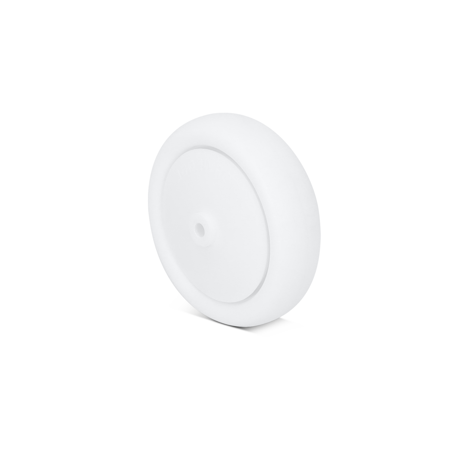 A white industrial wheel is shown, featuring a smooth surface and a central mounting hole. It is positioned at an angle, isolated on a blank background, highlighting its simple design for material handling applications.