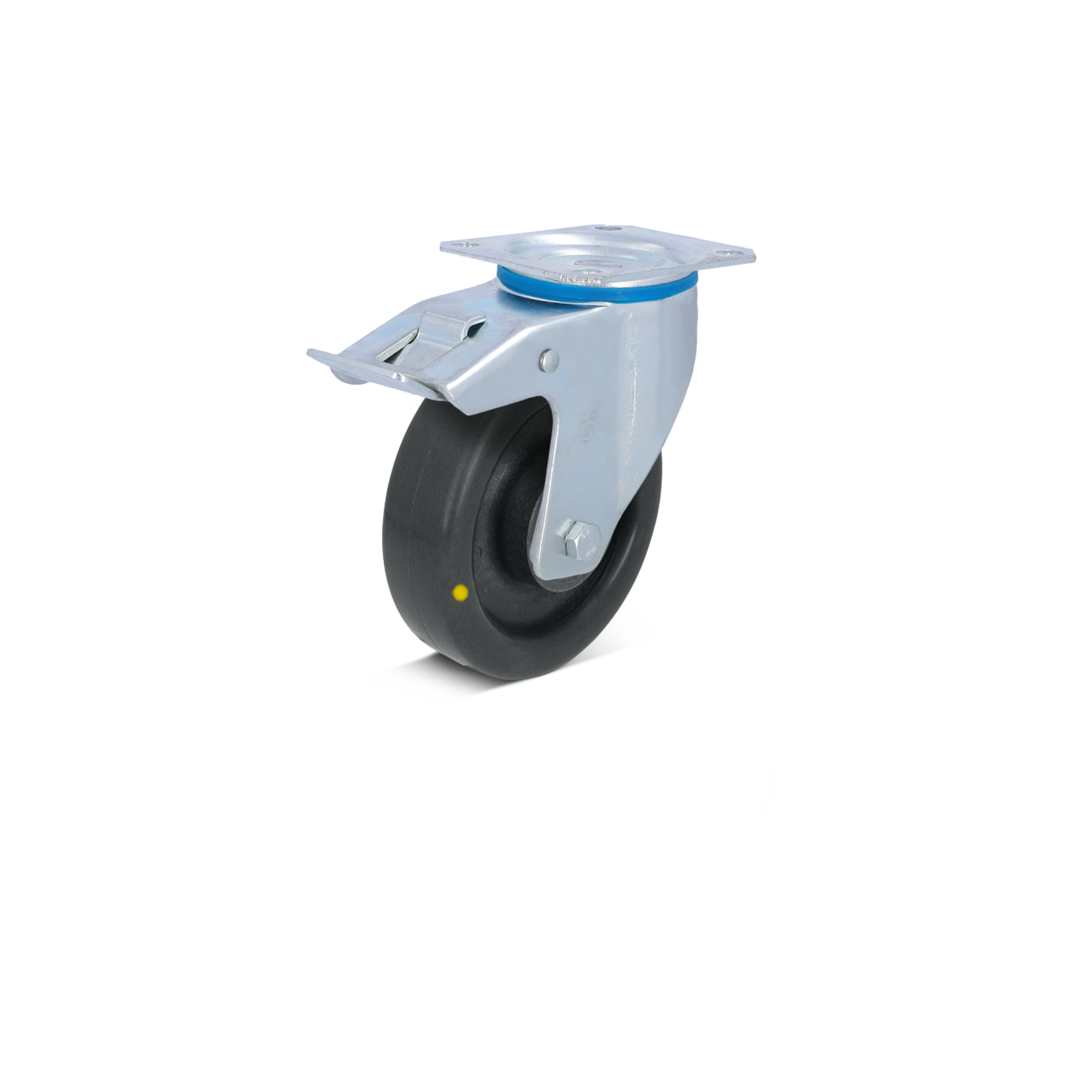Swivel caster featuring a black rubber wheel mounted on a metallic bracket with a flat top plate. The caster is designed for easy mobility in industrial settings.