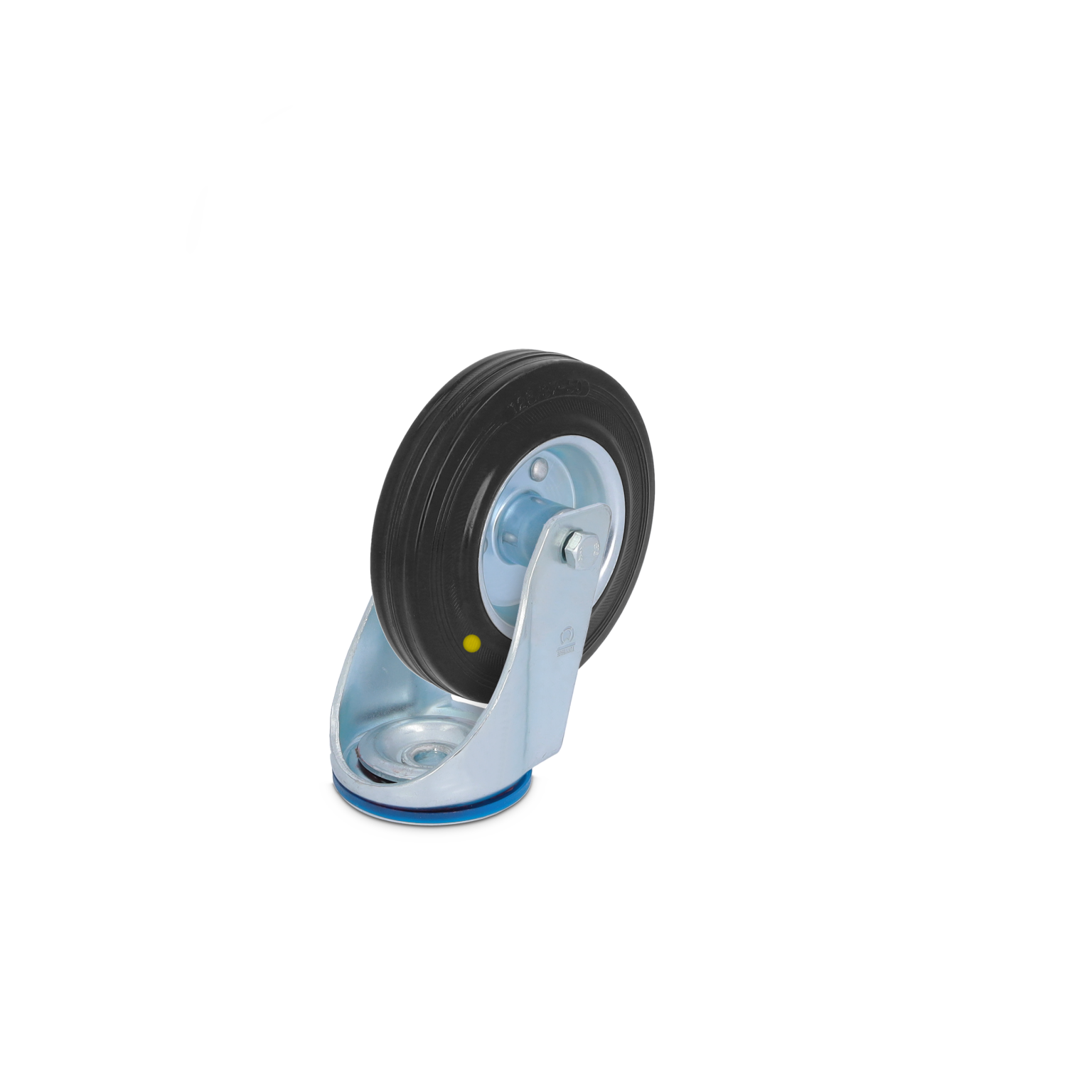 A black rubber wheel is mounted on a metallic swivel plate, showing a silver finish. It features a blue ring at the base and a small yellow dot on the wheel. The background is a solid light blue.