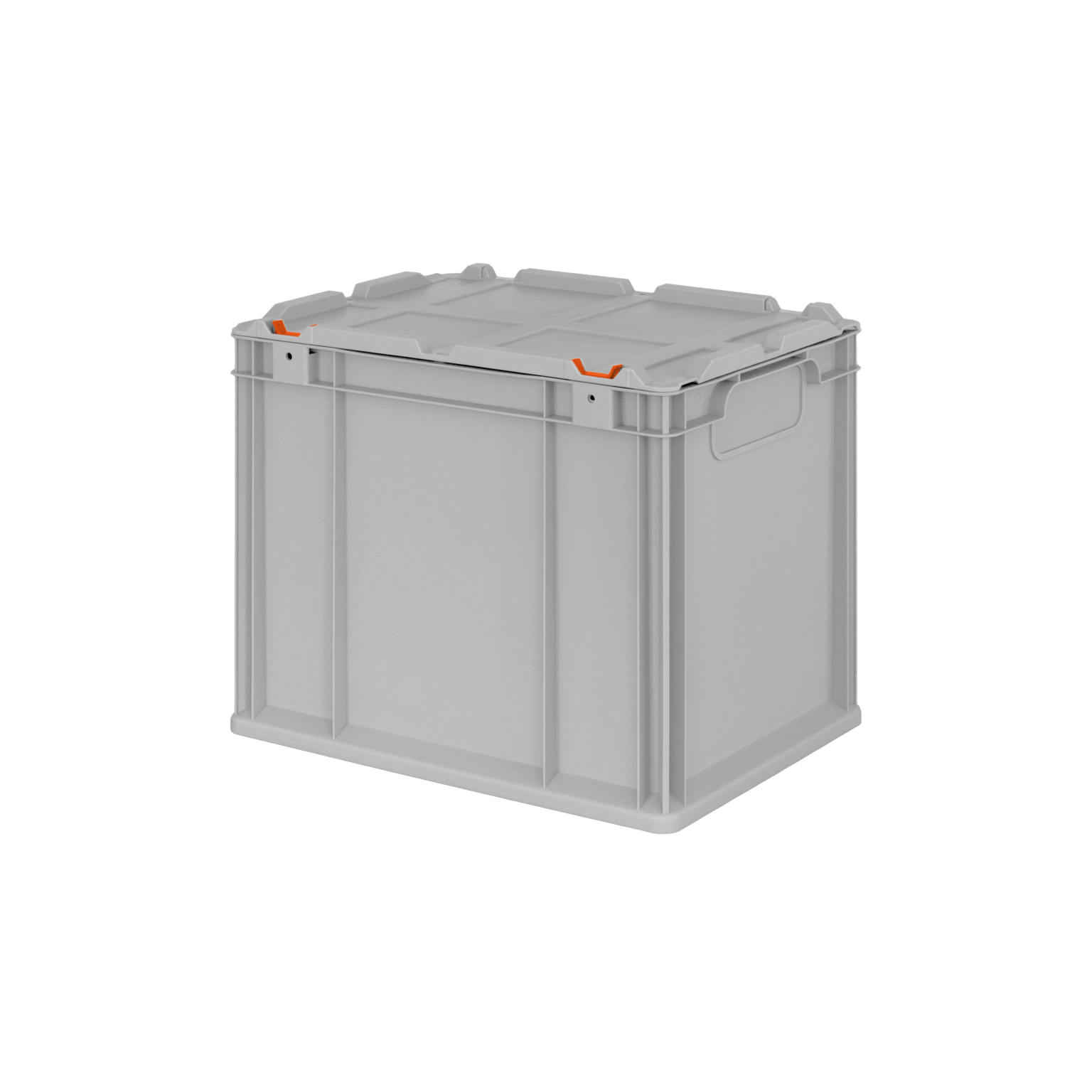 Kunststoffbox mit einem Deckel, der seitlich orangefarbene Clips zum Sichern hat. Die Box hat eine klare, rechteckige Form und ist in einem neutralen Grauton gehalten, umgeben von einem schlichten Hintergrund.