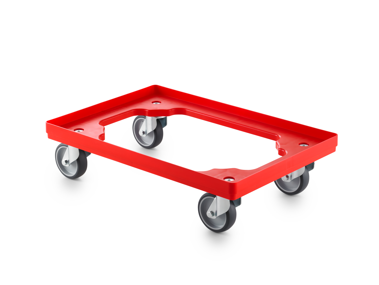 Red transport trolley equipped with four gray swivel castors. The trolley features a rectangular frame with an open center and is positioned at an angle, showcasing its mobility and design.