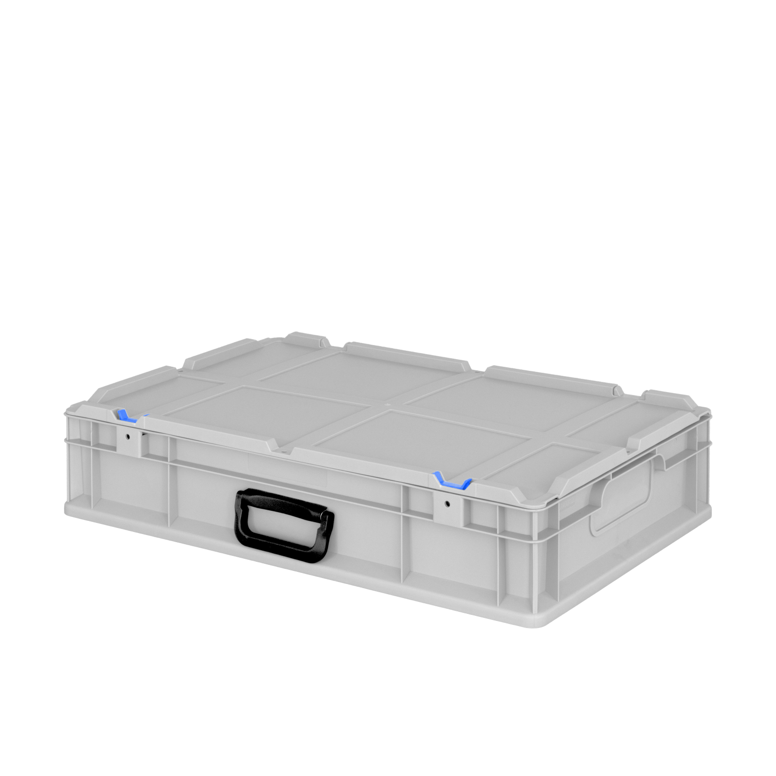 A rectangular, light gray plastic storage box features a sturdy black handle and blue accents. Its lid is flat with a textured surface, ideal for stacking in a warehouse or transport setting.