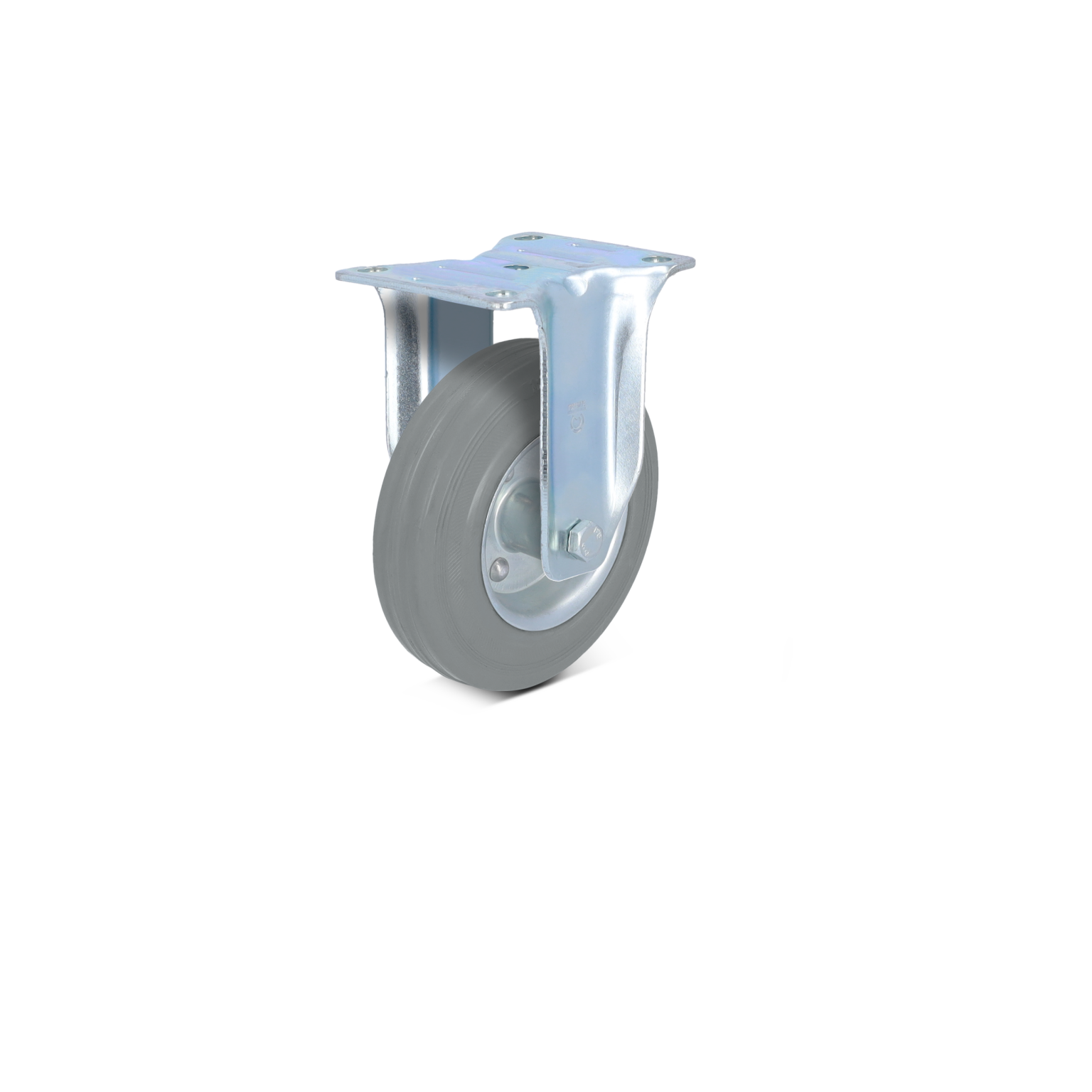 A grey rubber wheel is mounted on a shiny, metal swivel bracket. The design includes a mounting plate with multiple holes for secure attachment, set against a plain background.