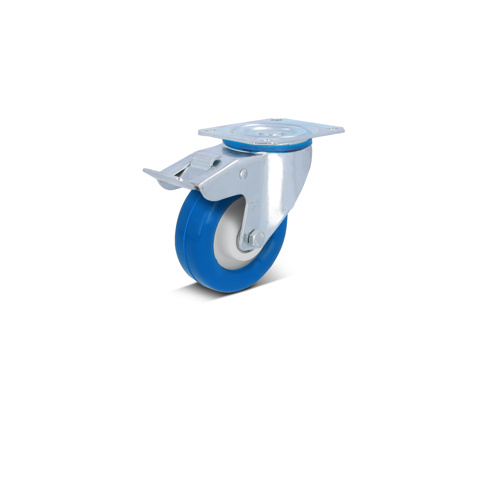 Een blauwe, rubberen wiel met een metalen montageplaat is zichtbaar. Het wiel heeft een kunststof rand en een zilveren metalen behuizing, gelegen op een neutrale achtergrond.