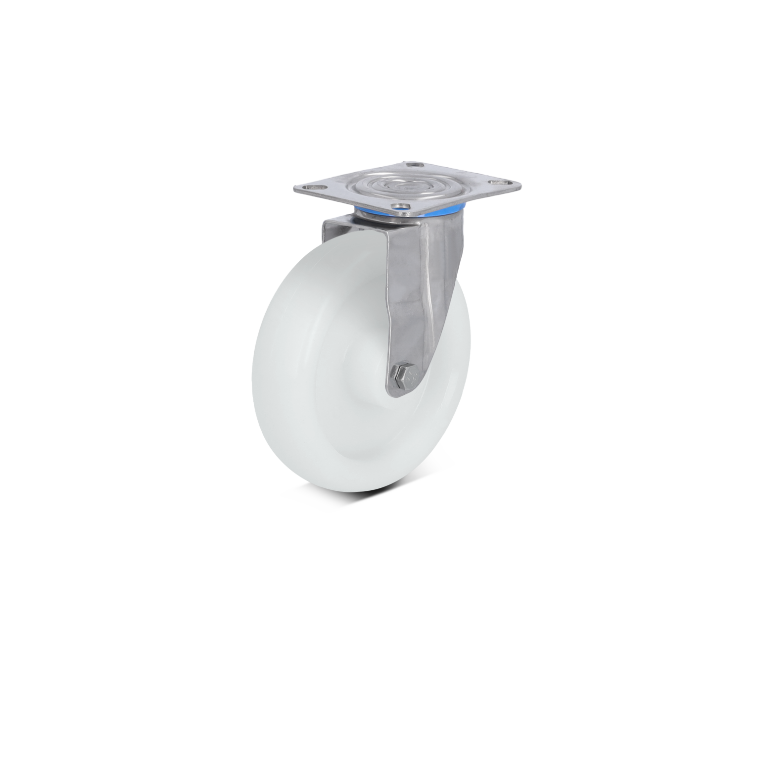 A white plastic wheel mounted on a stainless steel swivel bracket, featuring a square mounting plate with four holes for attachment. The background is blank, emphasizing the wheel-s design.
