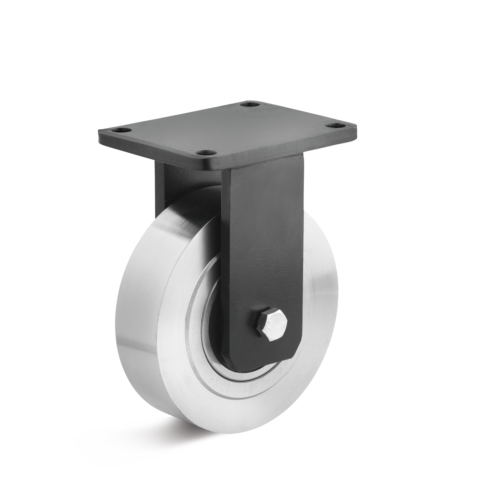 A metallic swivel castor with a polished wheel and a black mounting plate is showcased. The mounting plate features four holes for secure attachment, emphasizing its industrial design and functionality.