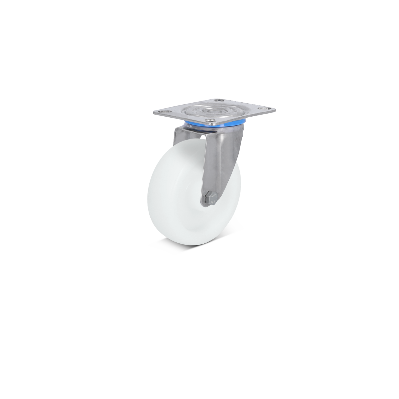 A white industrial caster wheel with a metal mounting plate is positioned upright. The wheel features a smooth surface, and the mount is secured with a bolt, set against a plain background.
