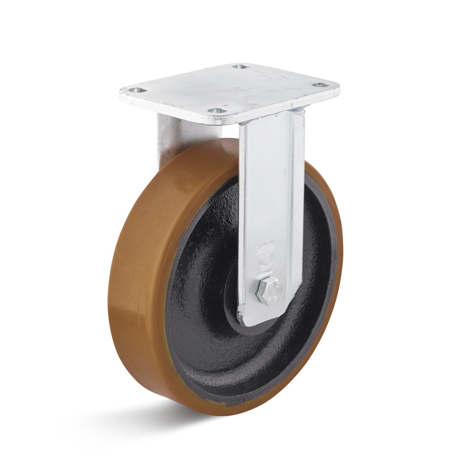 A heavy-duty industrial castor features a large brown wheel made of durable material, mounted on a metallic bracket with a flat plate for attachment. The wheel has a black core and is positioned upright against a white background.