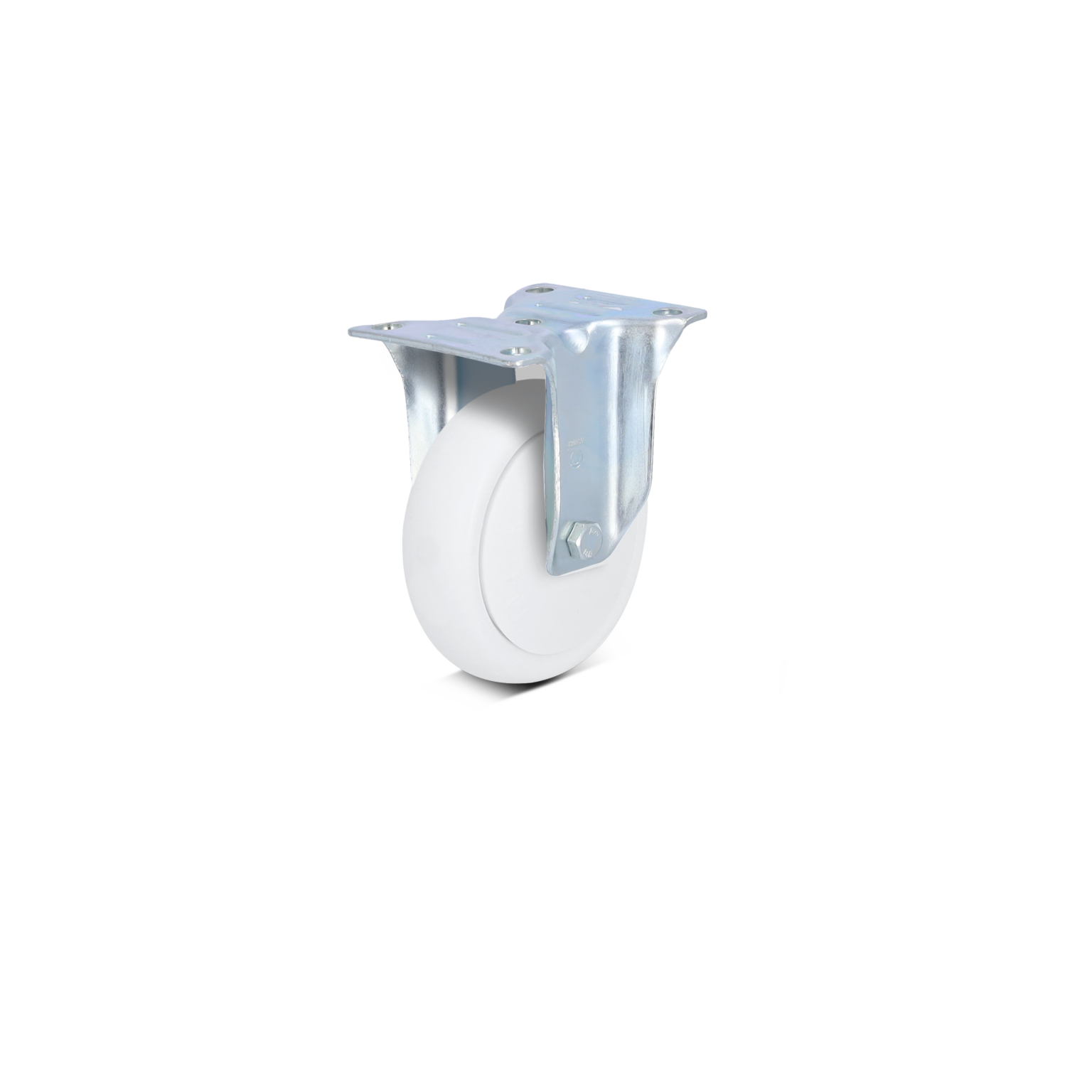 A white industrial wheel is mounted on a silver metal bracket with a flat plate and multiple screw holes for installation. The background features a gradient of light colors.