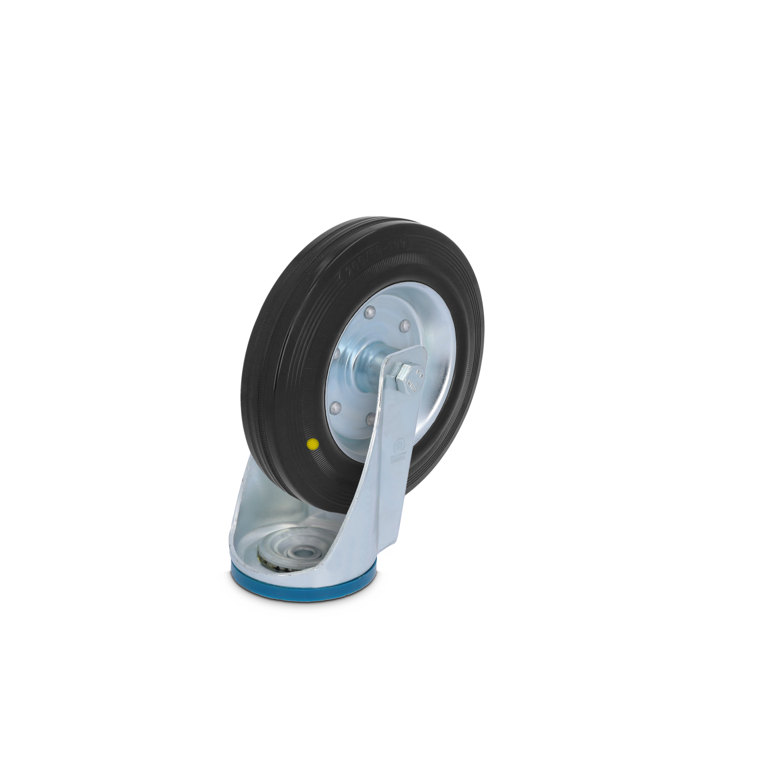 Industrial wheel with a rubber tire and a metallic mounting plate. The wheel is positioned upright, showcasing its sturdy design, suitable for material handling applications in warehouse logistics.