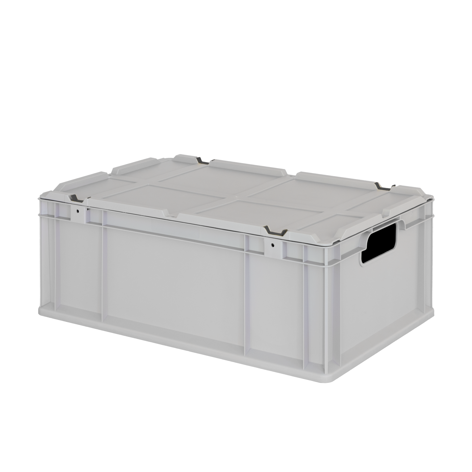 Kunststoffbox mit Griffen, rechteckig und flach, besitzt eine stabile Struktur. Sie ist weiß und eignet sich zum Transport und zur Lagerung in industriellen Umgebungen.
