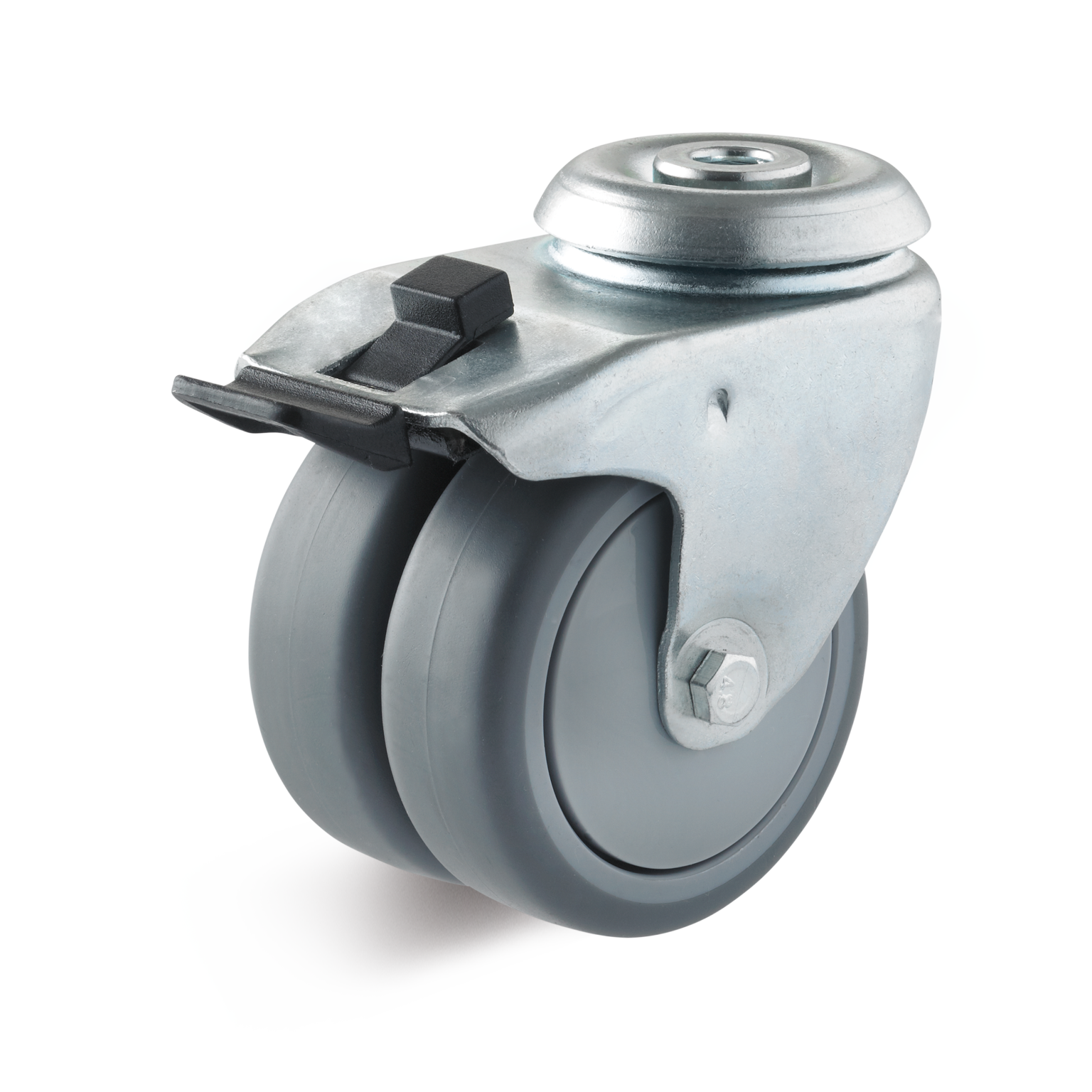 Heavy-duty double wheel castor with a metallic mounting plate, featuring a rubberized wheel design. It has a brake lever for secure locking and is positioned against a plain background.