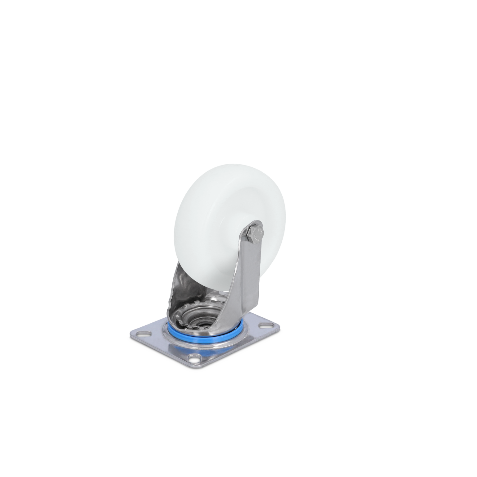 A white castor wheel made of plastic is mounted on a chrome-plated metal bracket with a square base. The wheel is designed for smooth movement and is set against a plain background.