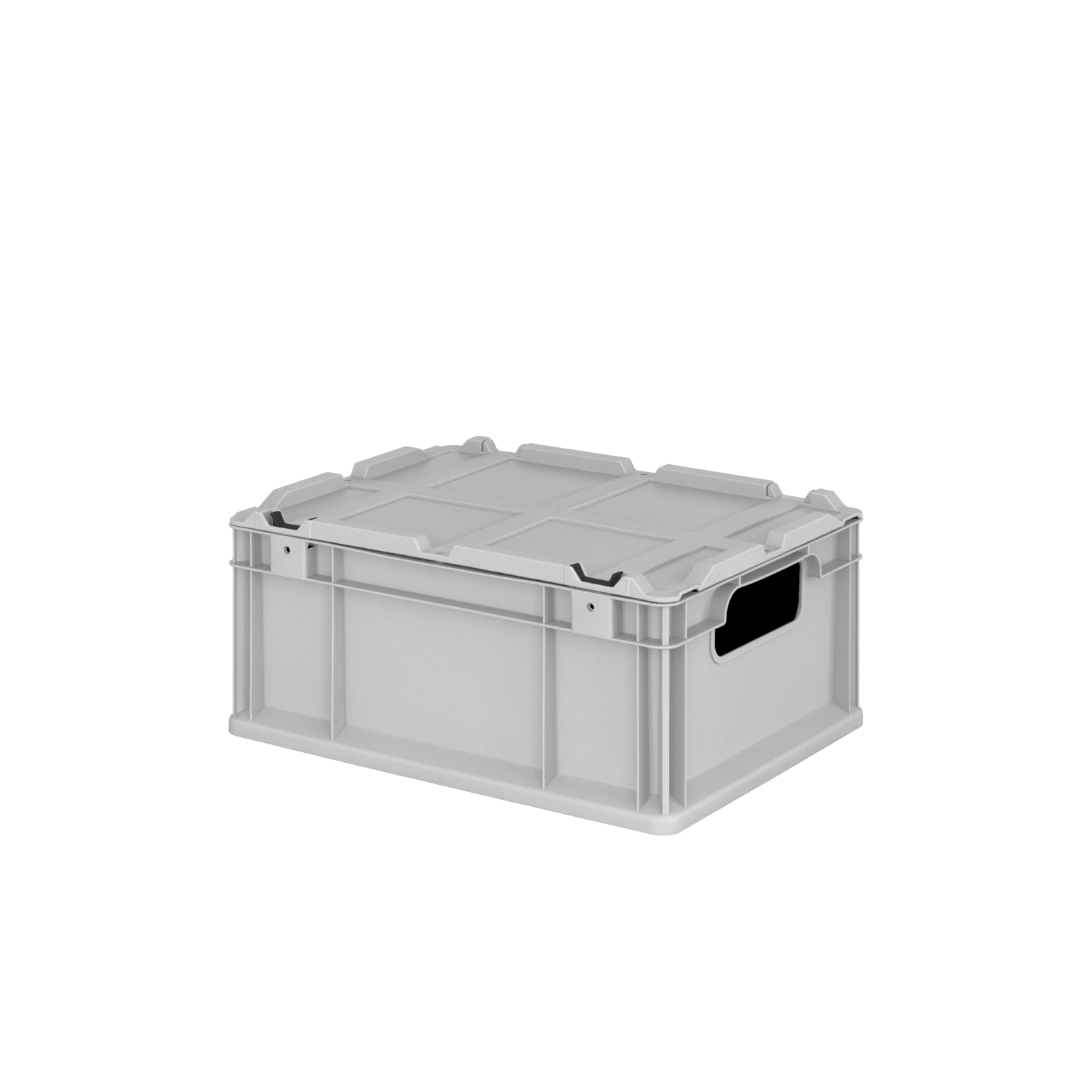 Stabile, graue Kunststoffbox mit einer flachen Oberseite und seitlichen Griffausschnitten. Die Box ist rechteckig und eignet sich für den Transport und die Lagerung von Materialien in einem industriellen Umfeld.