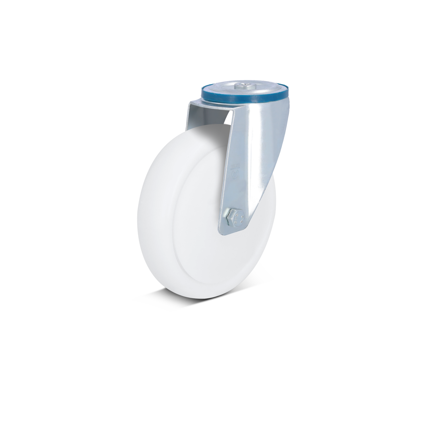 A white industrial wheel is mounted on a metallic bracket with a blue top. The wheel is smooth and rounded, designed for ease of movement. The background is plain and unobtrusive.