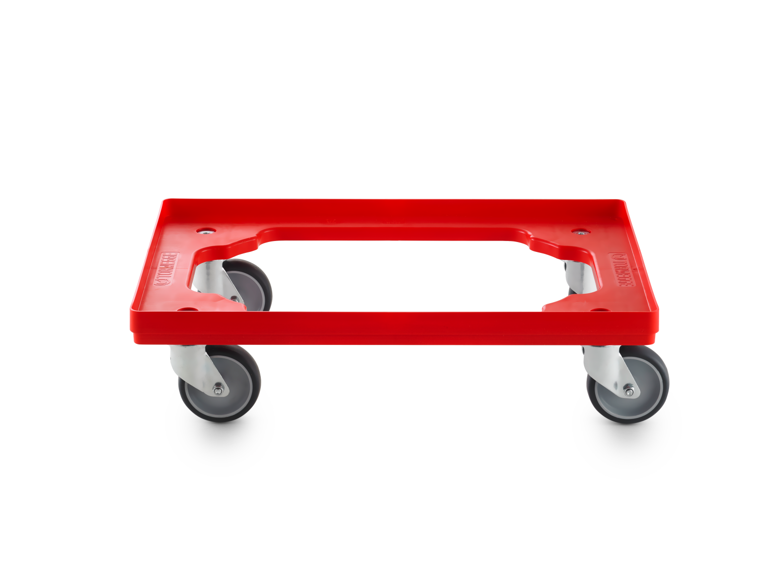 A red plastic transport trolley features four swivel wheels, making it suitable for easy mobility. It has a rectangular frame with openings for handles, set against a plain background.