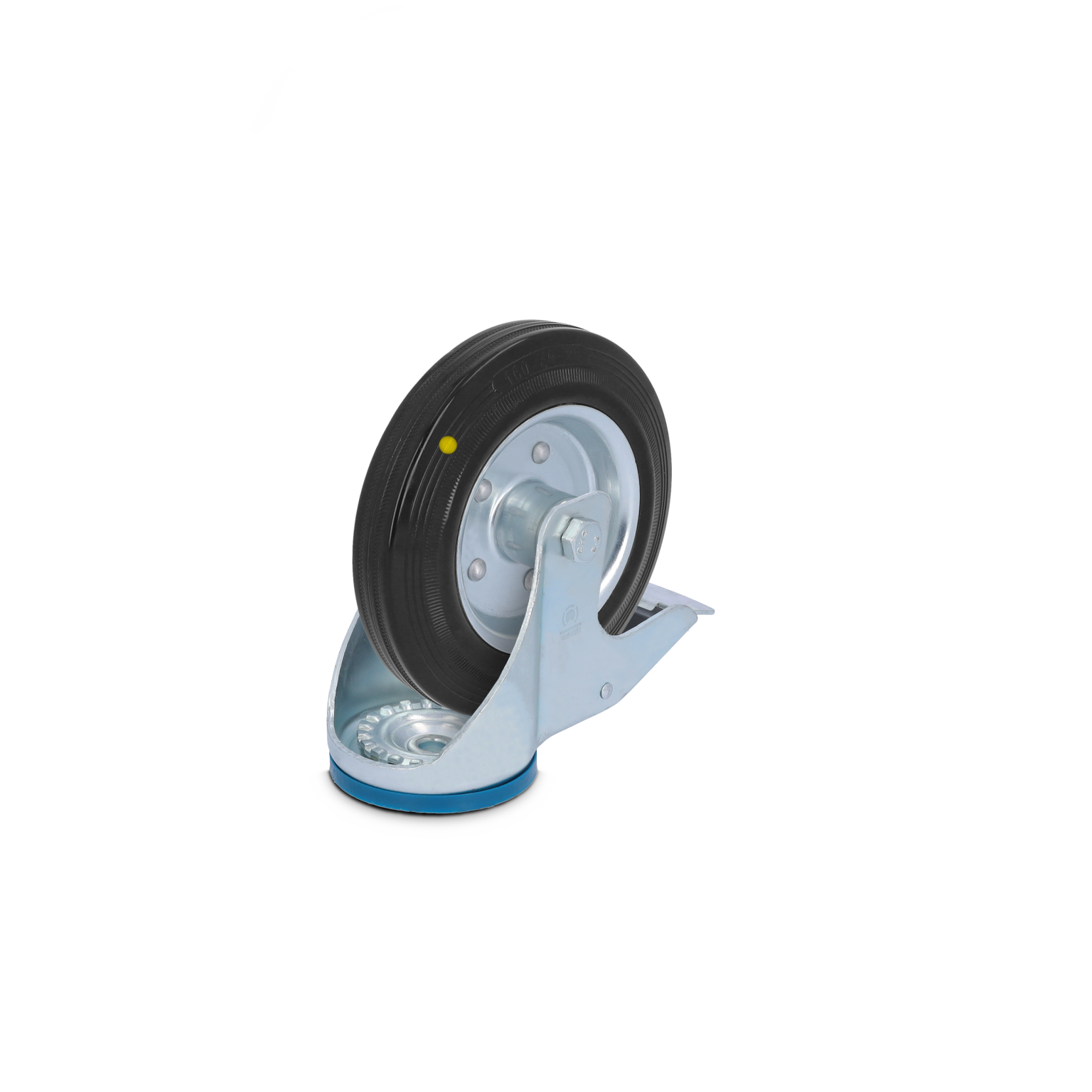 A swivel castor with a black rubber wheel is mounted on a silver metal base. The wheel is positioned upright, showing a circular tread and a blue rubber ring at the bottom.