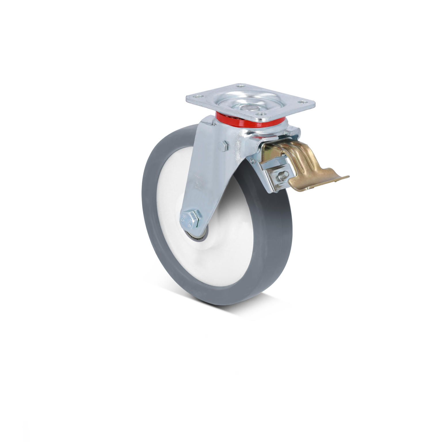 A gray industrial wheel with a white core features a metal swivel mount and locking mechanism. The wheel is positioned upright, suitable for material handling applications in an industrial setting.