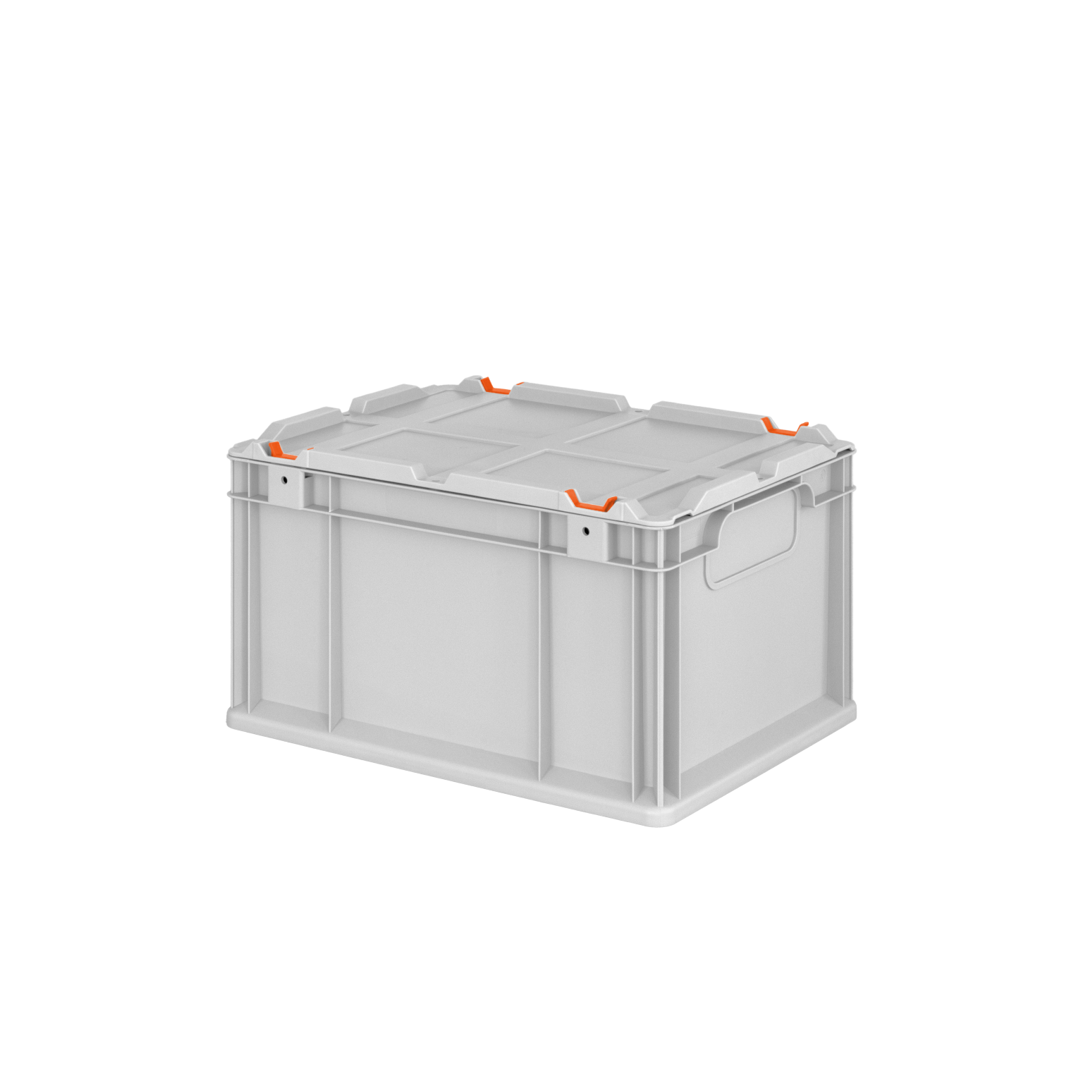 A grey plastic storage box features orange handles on the top edges. It has a solid, rectangular structure suitable for stacking or transporting items in an industrial context.