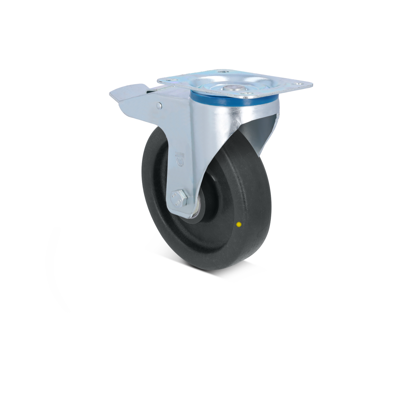 A swivel caster features a black rubber wheel mounted on a silver metal bracket. The bracket has a flat base for attachment and a pivoting mechanism, suitable for moving equipment in industrial settings.