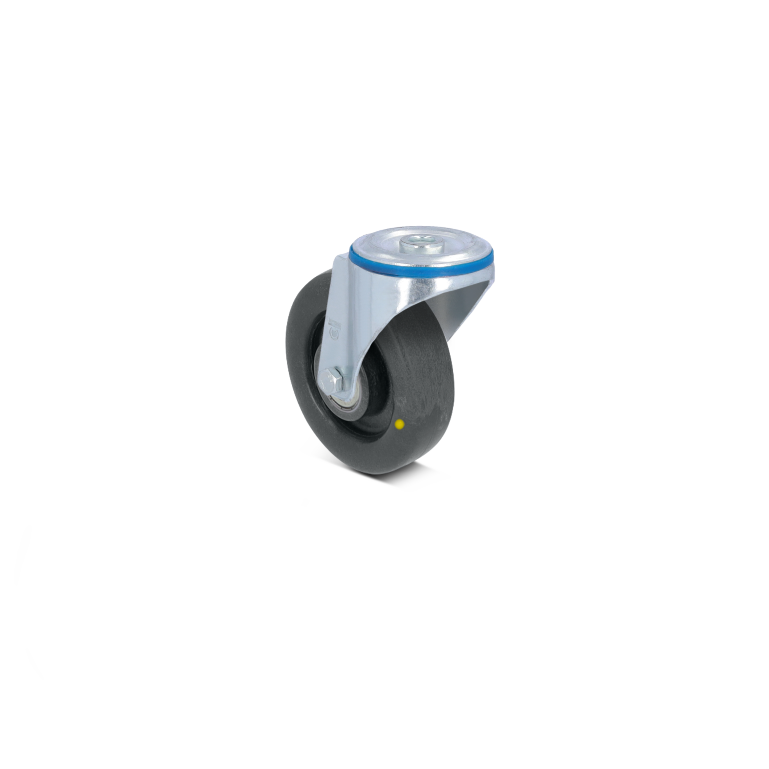Zwenkwiel met een rubberen band en een metalen bevestigingsplaat. Het heeft een blauwe rand op de montage en is geïsoleerd van een witte achtergrond, wat de focus op het wiel legt.