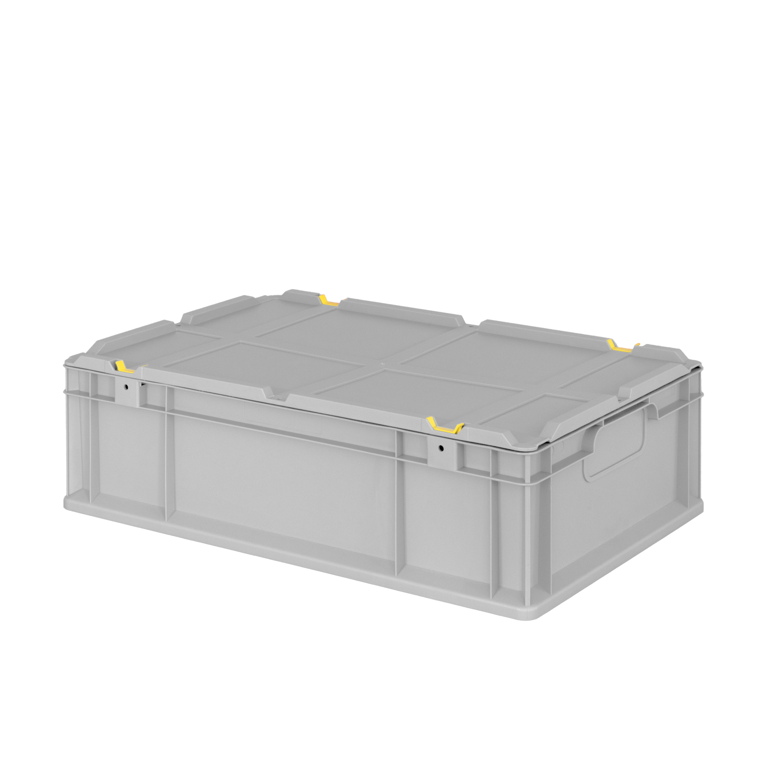 A gray plastic storage box with a flat lid, featuring yellow clips at the corners for securing the lid. It has built-in cut-out handles on the sides for easy carrying, displayed on a simple background.