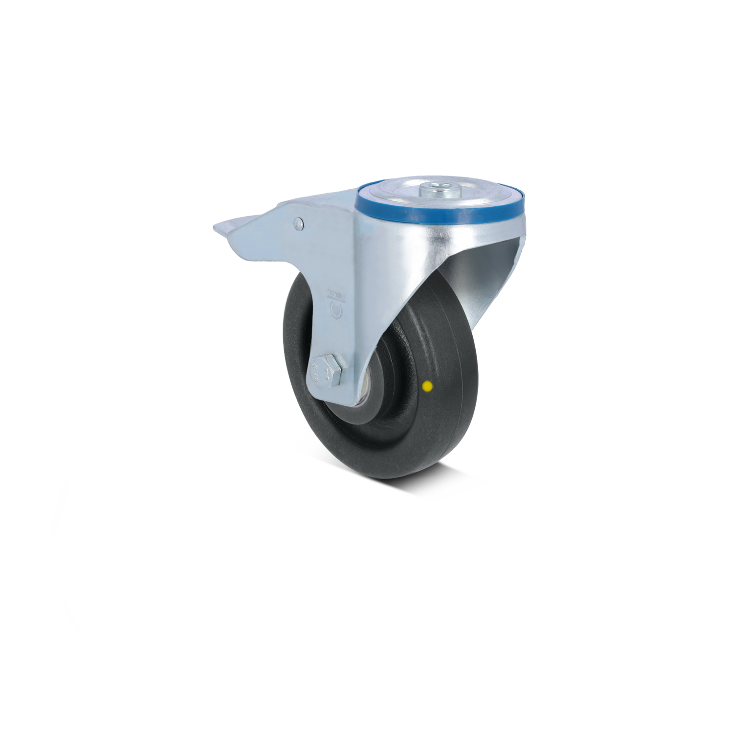 Zwenkwiel van zwart rubber met een metalen bevestigingsplaat, ontworpen voor gemakkelijke beweging. Het wiel is duidelijk zichtbaar met een stevige bevestiging, geschikt voor diverse toepassingen in de industrie.