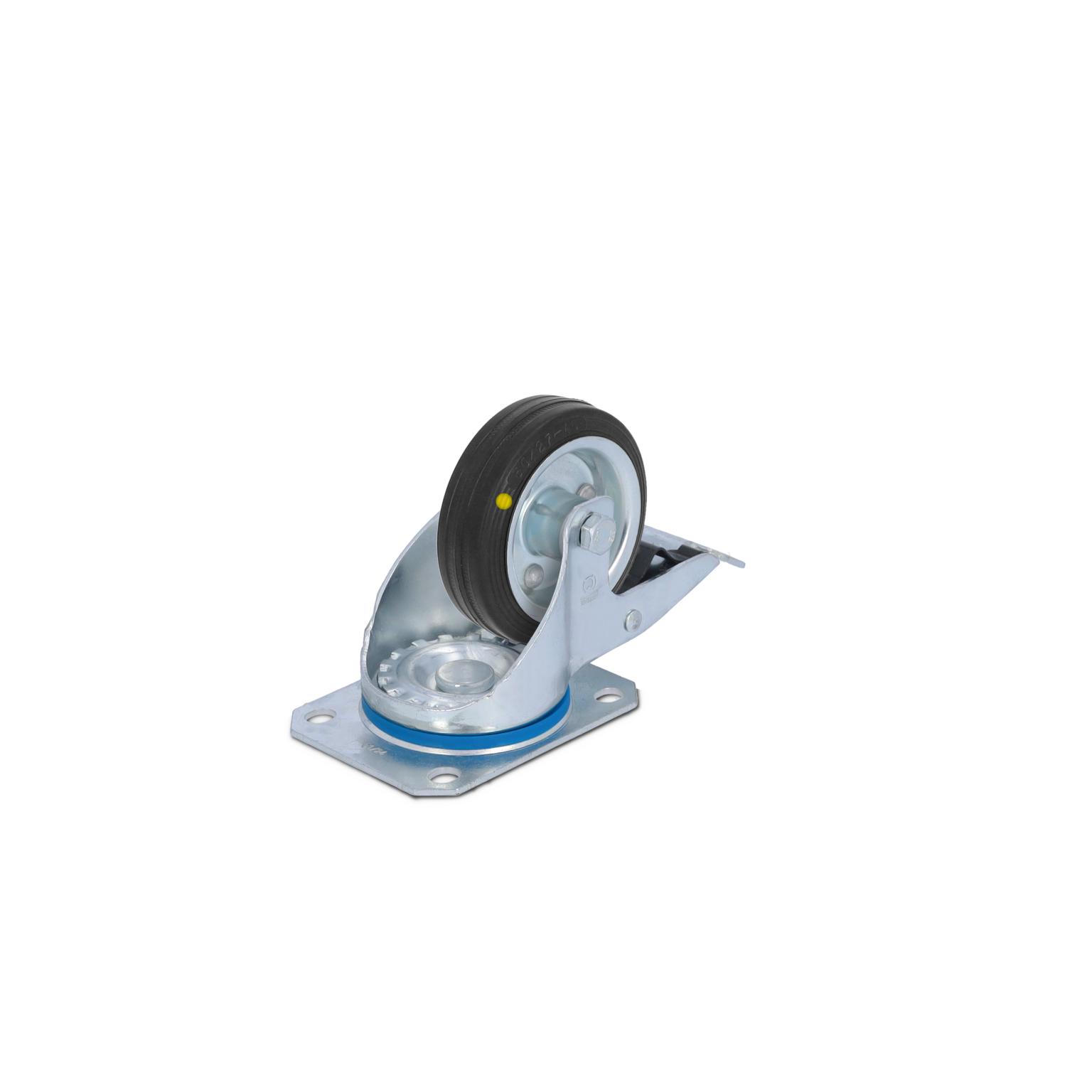 A swivel castor wheel features a black rubber tire mounted on a metallic frame with a shiny silver finish. It has a flat mounting plate and is positioned diagonally.