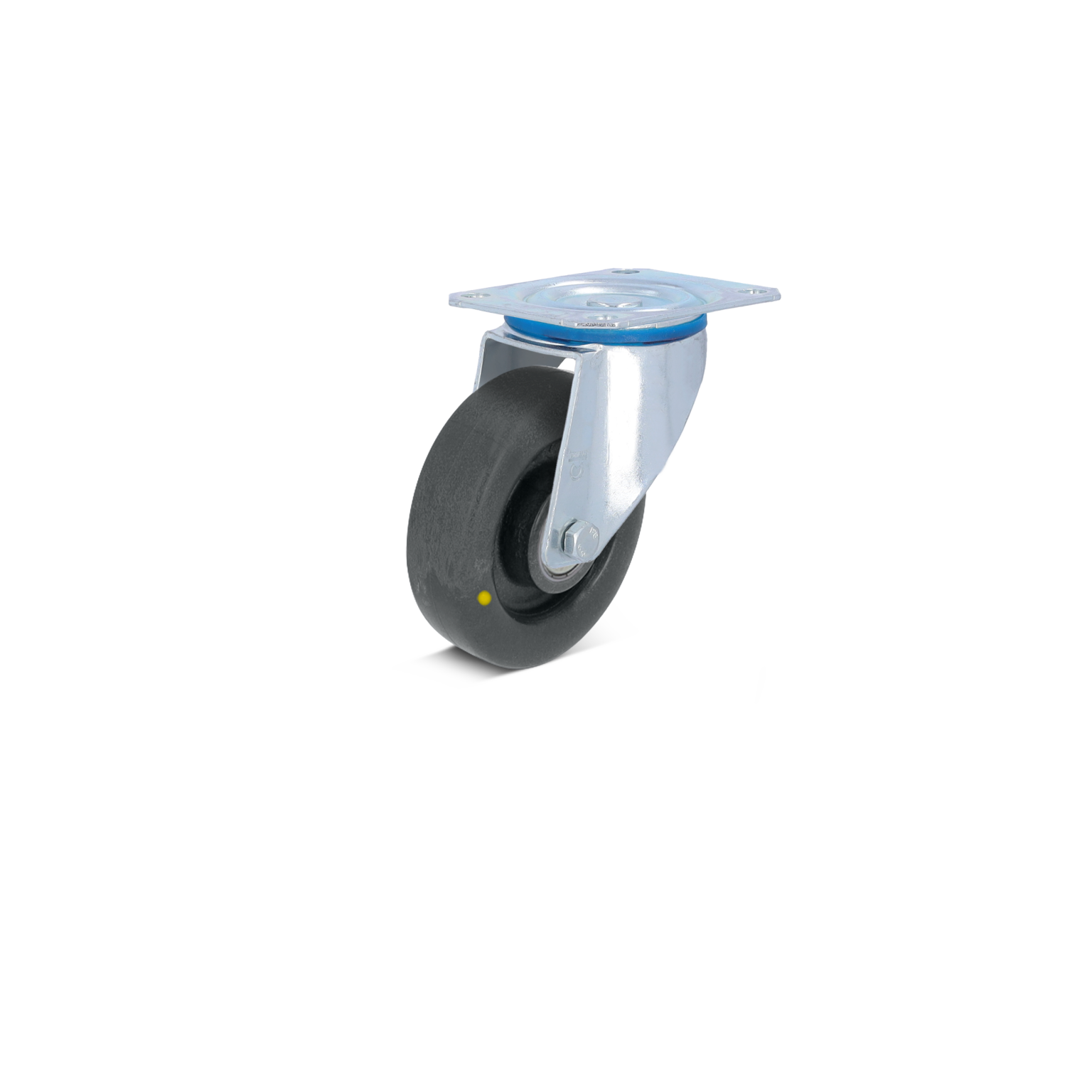 Zwenkwiel met een zwarte rubberen band en een metalen montageplaat. Het wiel is soepel en geplaatst in een rechte positie, geschikt voor gebruik in transport en handling.