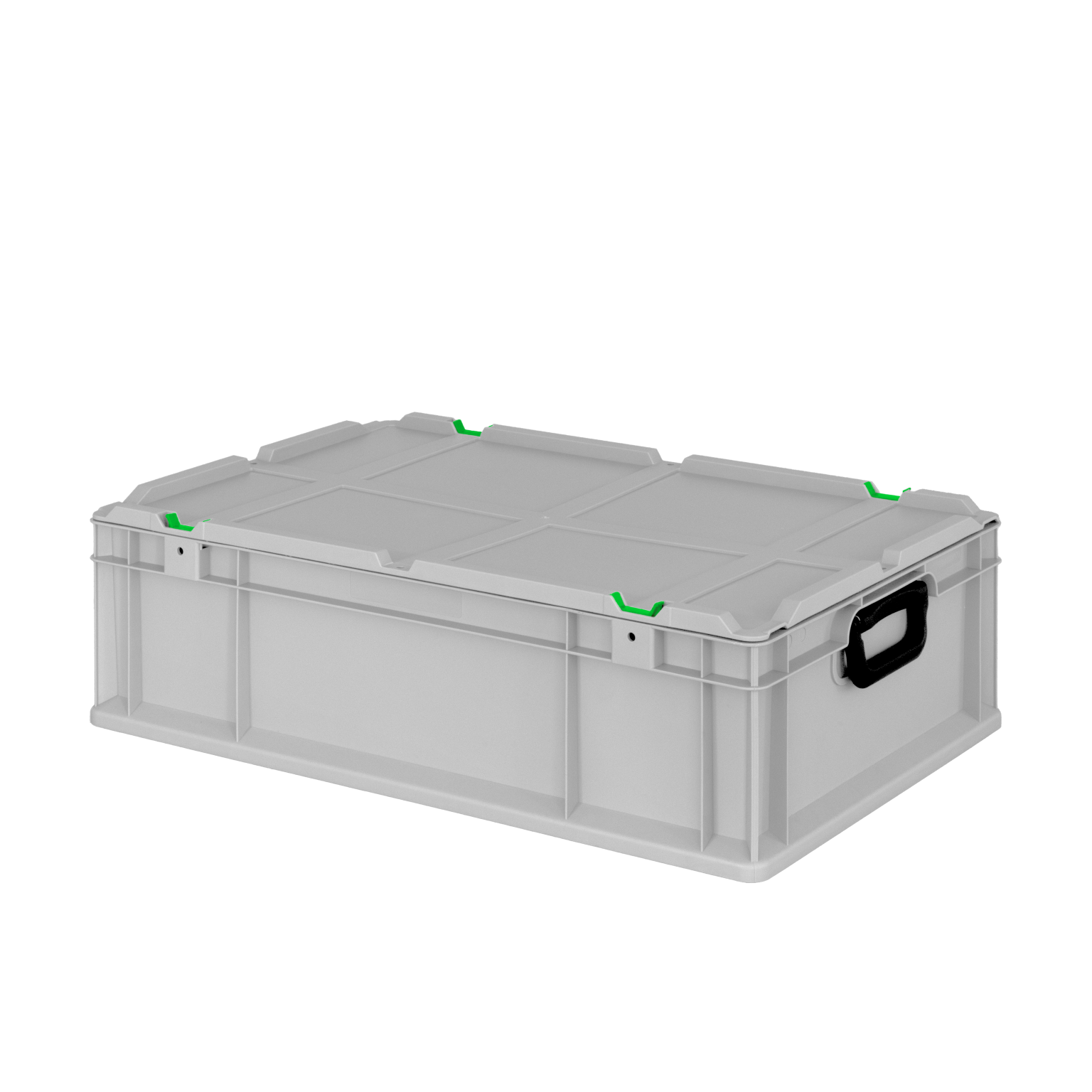 Kunststoff-Transportbox in Grau, mit grünen Eckverriegelungen und einem schwarzen Griff. Die Box hat eine flache Oberseite und ist für den Transport von Materialien in einem Lager konzipiert.