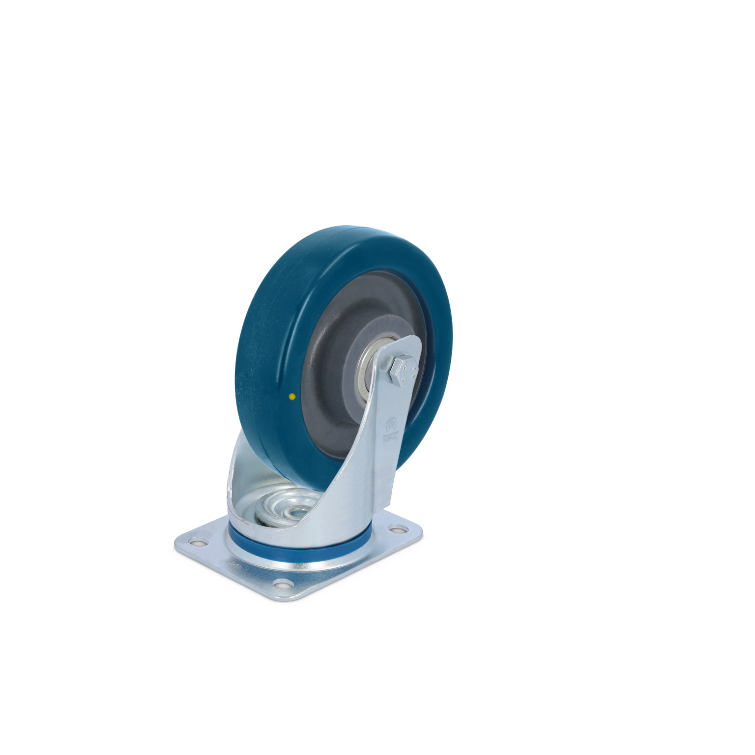 Blauwe rubberen wiel op een metalen bevestigingsplaat, zichtbaar voor het rollen. Het wiel heeft een zilverkleurige ophangbeugel en een centrale lageropening. Achtergrond is effen.