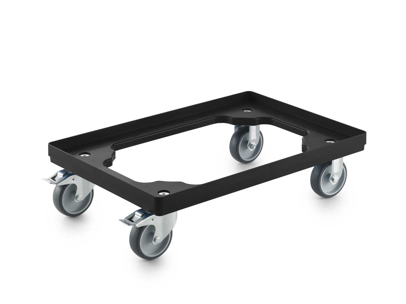 Transportwagen mit vier robusten Bockrollen, aus einem schwarzen, rechteckigen Gestell gefertigt. Die Räder sind aus grauem Material und bieten einfache Mobilität. Ideal für den Einsatz in Lager- und Transportumgebungen.
