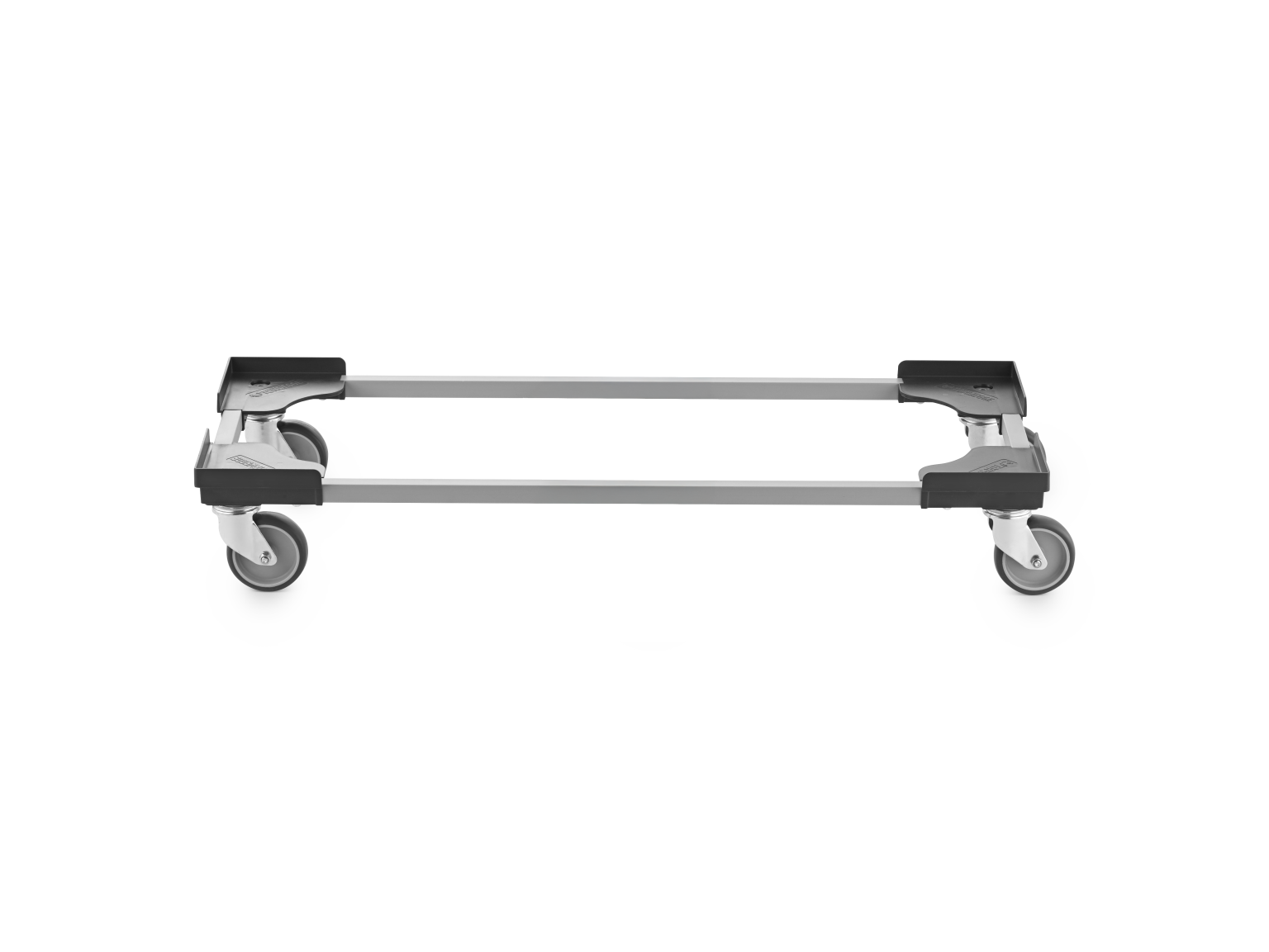 A transport trolley is shown with a rectangular frame, featuring four swivel castors. The structure is metallic with plastic mounts at the corners, designed for moving heavy items efficiently.