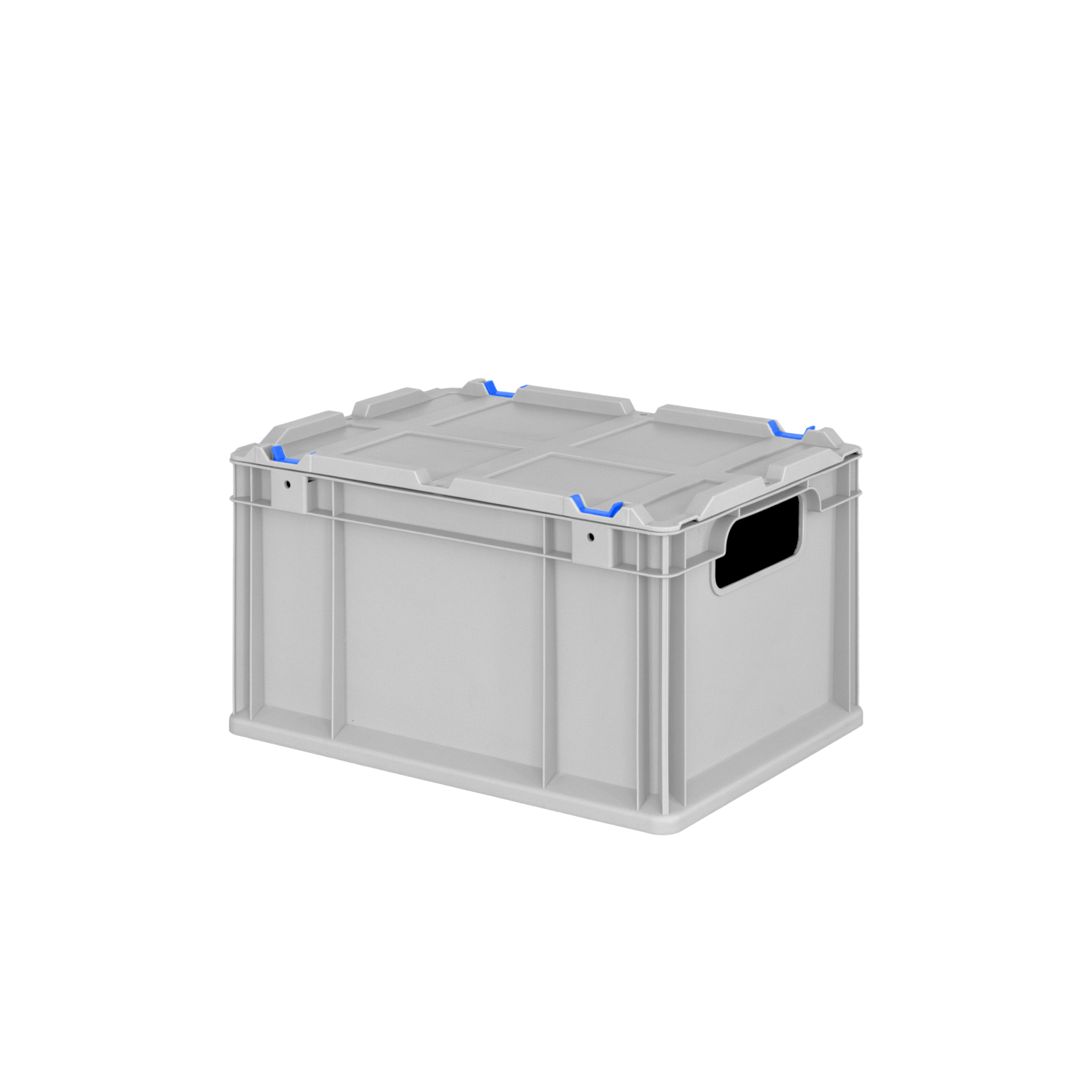 A gray plastic storage crate features blue accent handles and a sturdy design. It has a flat top, reinforced corners, and side openings for easy handling, set against a plain black background.