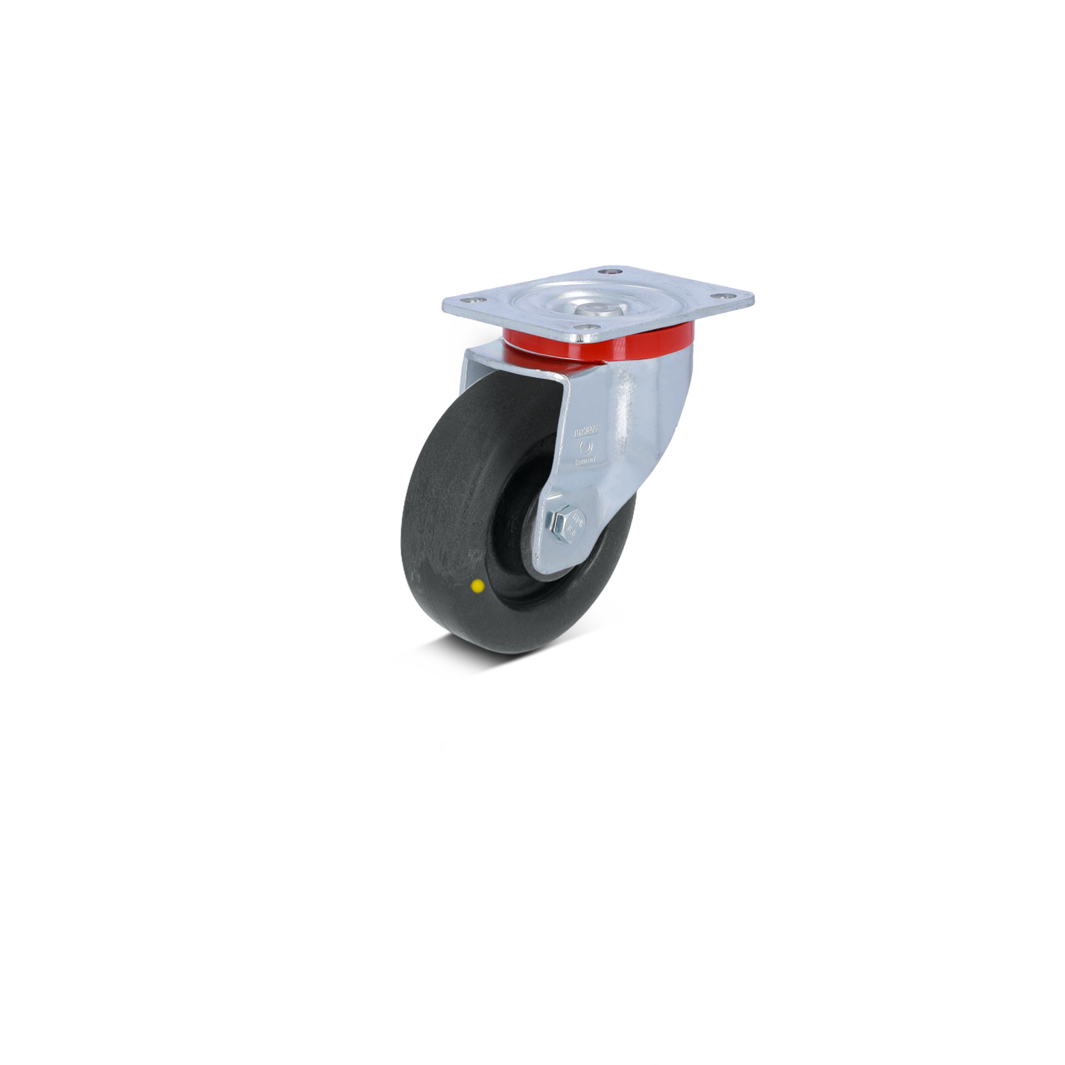 A swivel castor with a black rubber wheel is mounted on a metallic triangular plate with four holes for attachment. It features a red accent on top and is shown against a plain background.