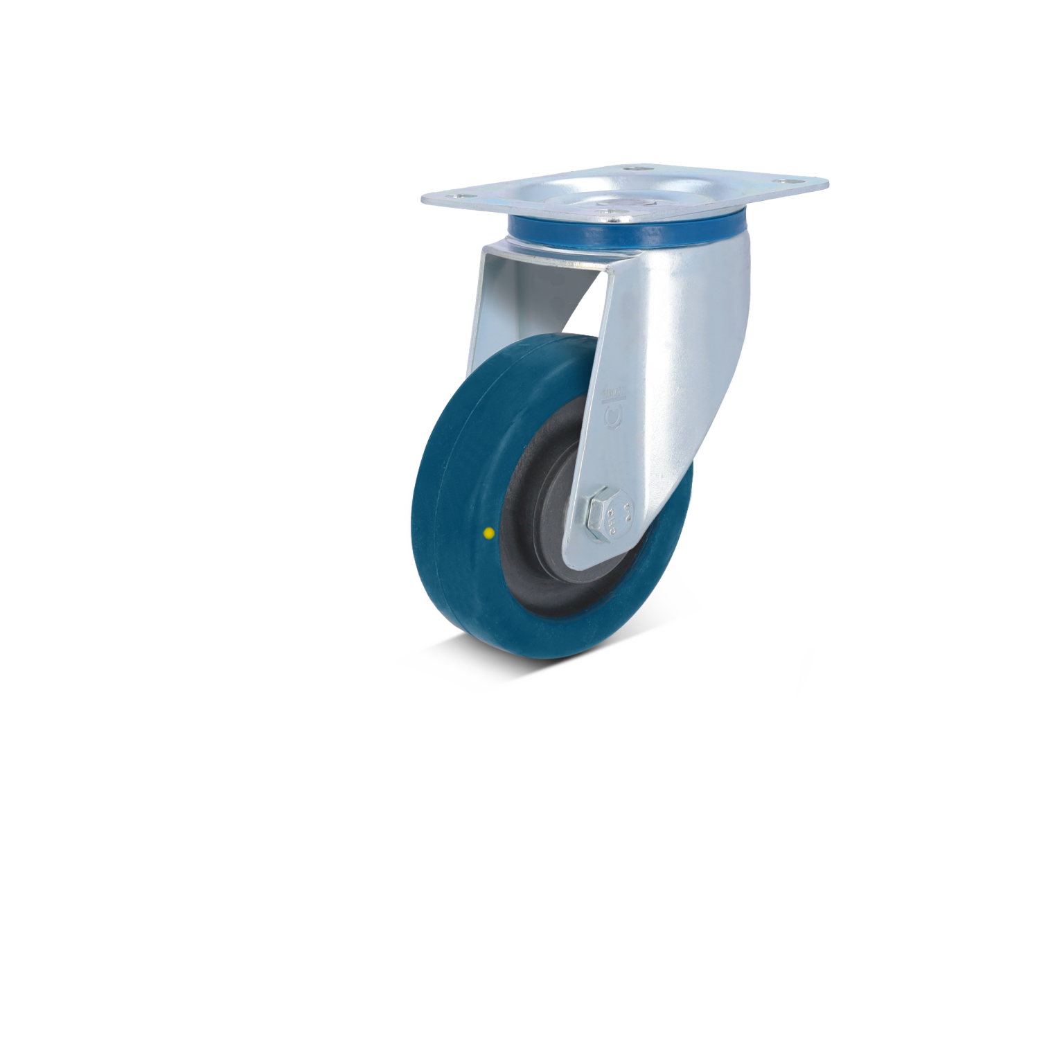 Blauwe industriële zwenkwiel met een metalen bevestigingsplaat. Het wiel heeft een rubberen band voor demping. De context is een neutrale achtergrond die de functionaliteit benadrukt.