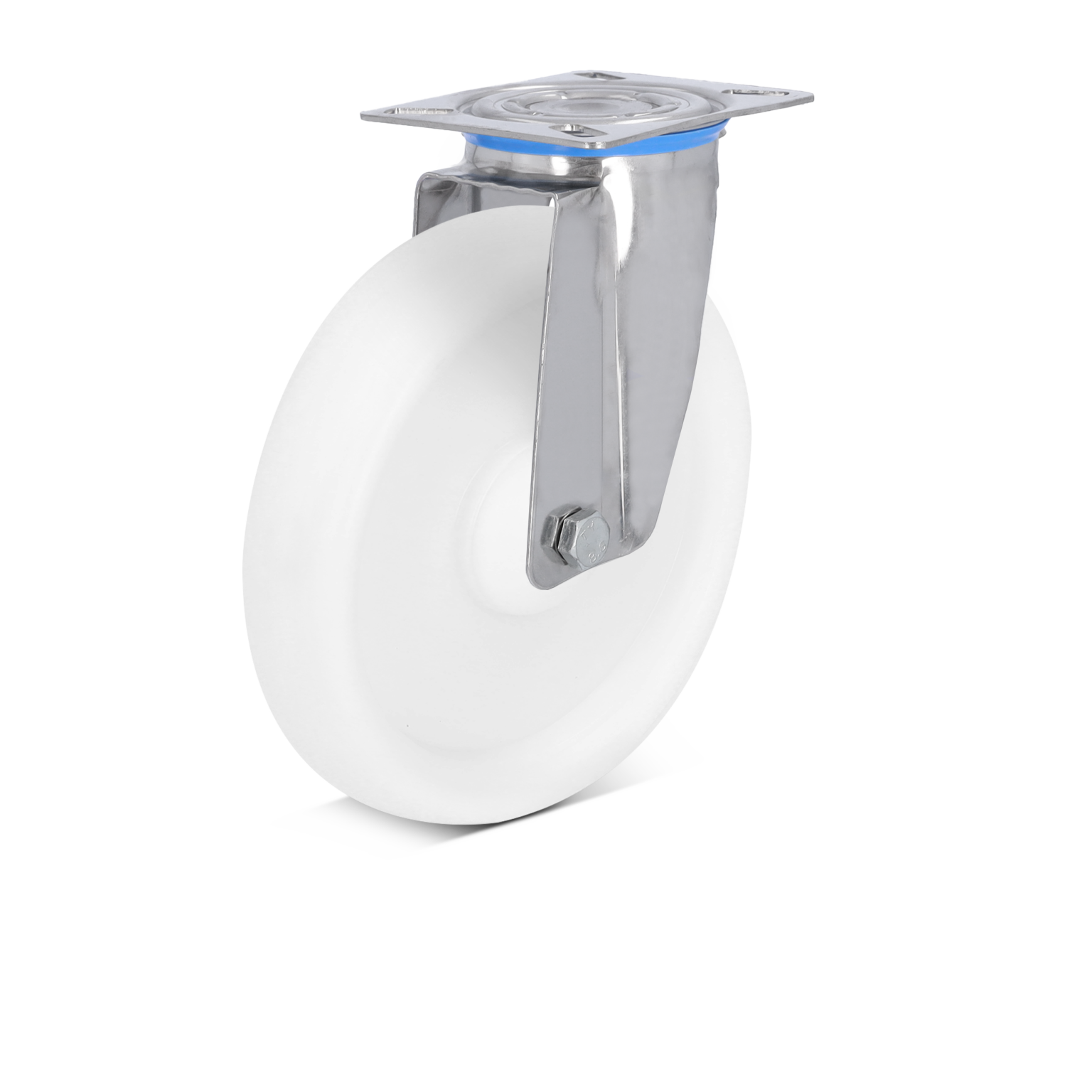 A white industrial wheel is mounted on a shiny metal plate, featuring a swivel design for easy maneuverability. It is positioned against a plain background, emphasizing its construction.