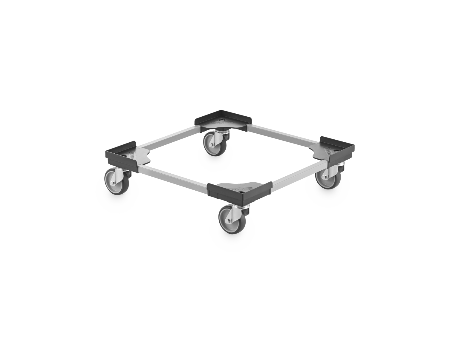 A square transport platform features four swivel castors at each corner, made of robust material. It is designed for ease of movement within industrial or warehouse settings, surrounded by a blank background.