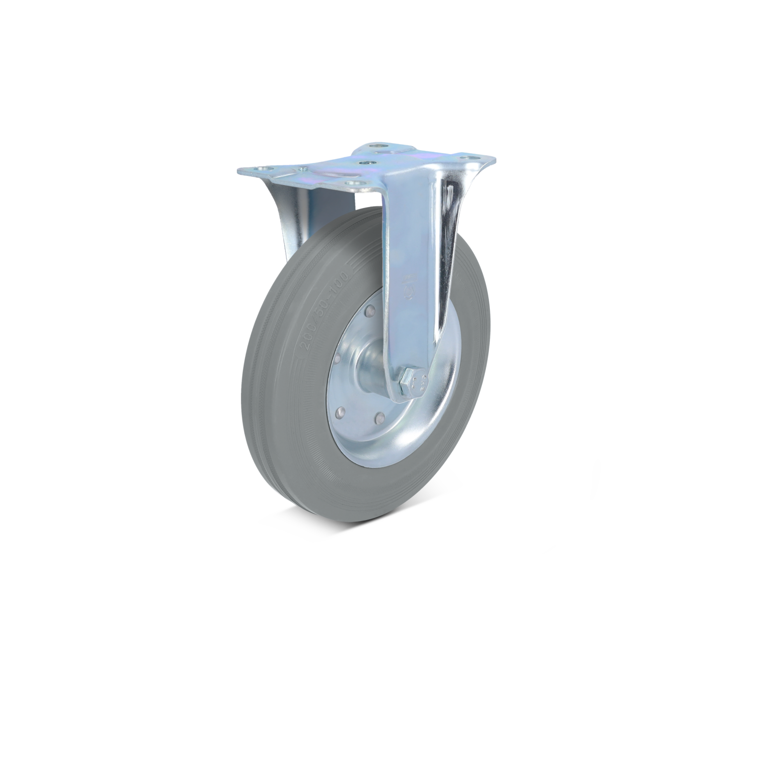 A heavy-duty industrial castor features a grey rubber wheel with a shiny metal mounting plate and a swivel bracket. The background is a plain solid color, emphasizing the castor-s details.