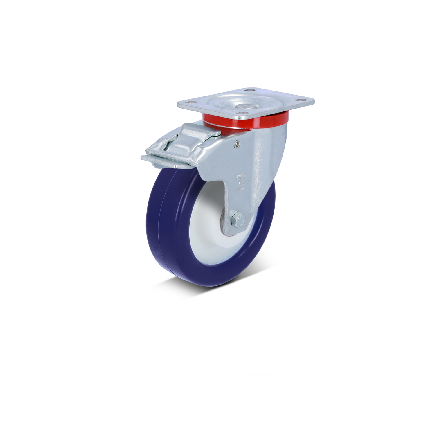 Ein industrieräder mit einer blauen Gummilauffläche und einem weißen Hartkunststoffkern. Die Halterung ist aus Metall, mit einem rot lackierten Ring und einem Montageplatten-Design.