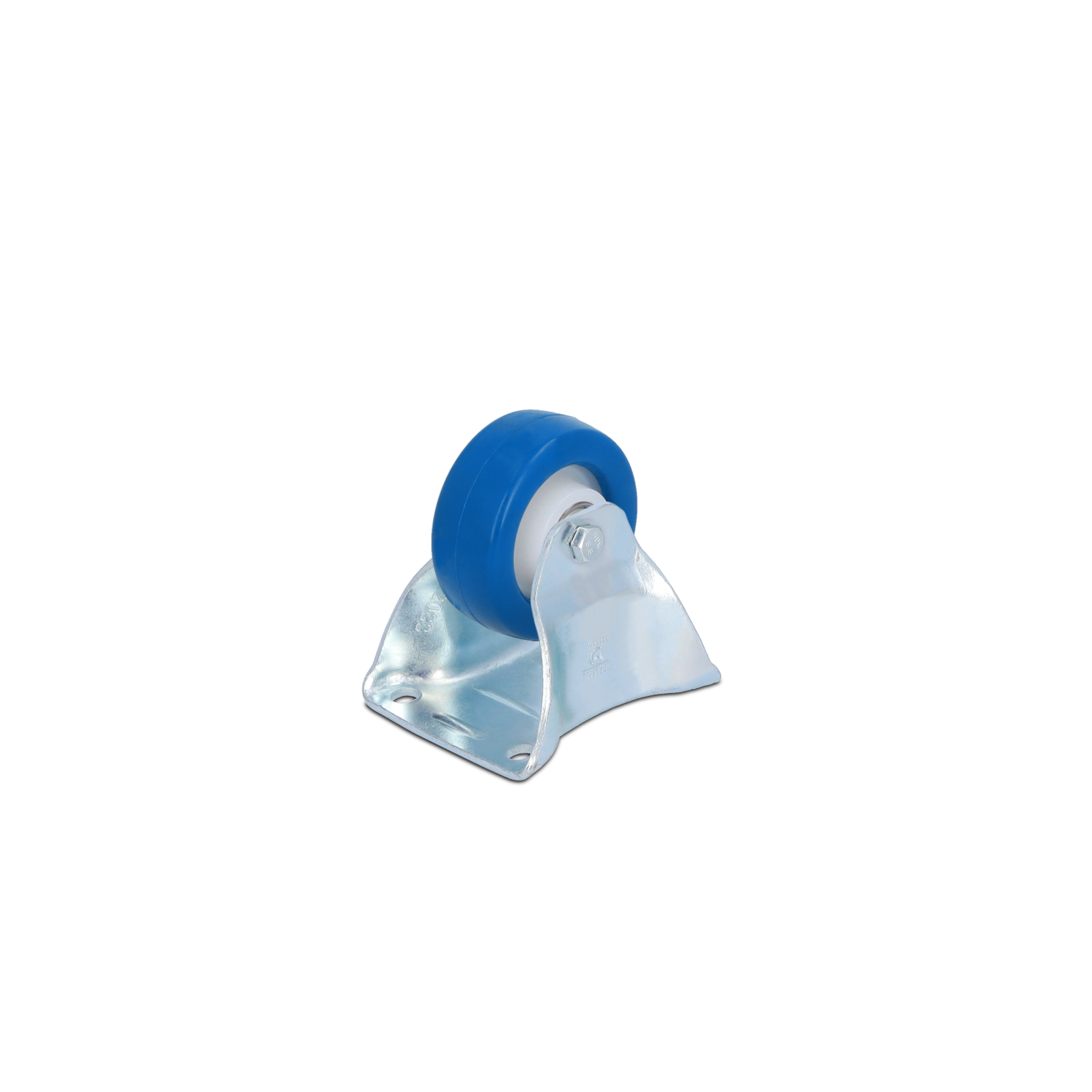 Een blauwe kauw met een witte binnenring is gemonteerd op een metalen basisplaat. De basis heeft bevestigingsgaten en bevindt zich in een neutrale omgeving zonder andere objecten.
