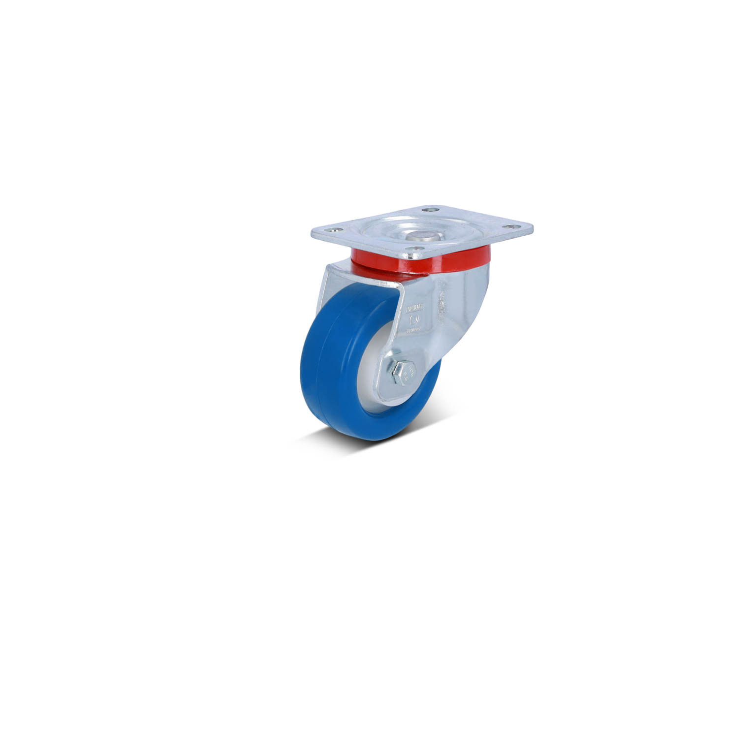 Een metalen zwenkwiel met een blauwe rubberen band, uitgerust met een vierkante montageplaat en een rode ring. De achtergrond is zwart, wat de focus op het wiel benadrukt.
