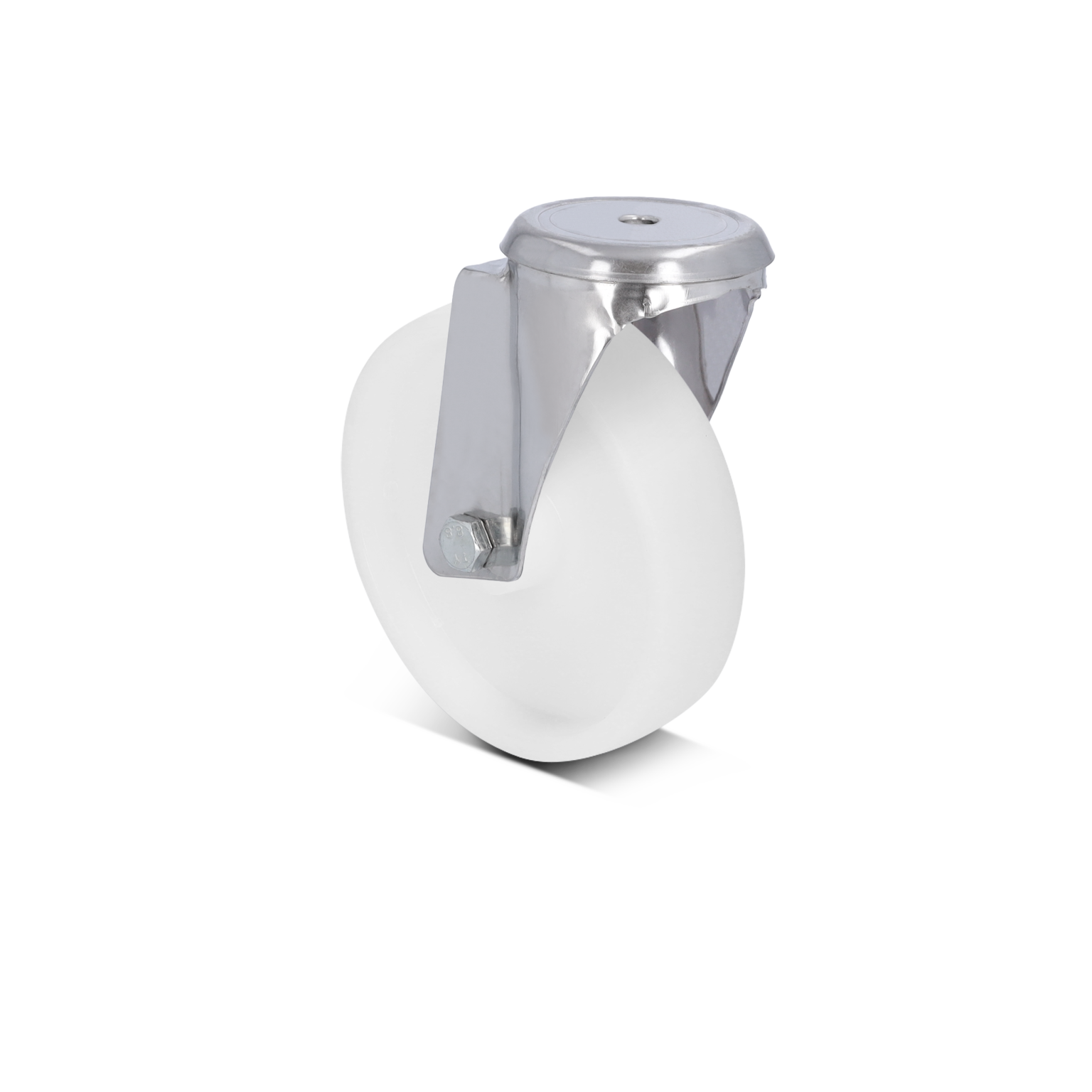 Witte kunststof wieltje met een metalen bevestigingsplaat. Het wieltje heeft een eenvoudige, ronde vorm en is gepositioneerd tegen een neutrale achtergrond, geschikt voor gebruik in industriële toepassingen.
