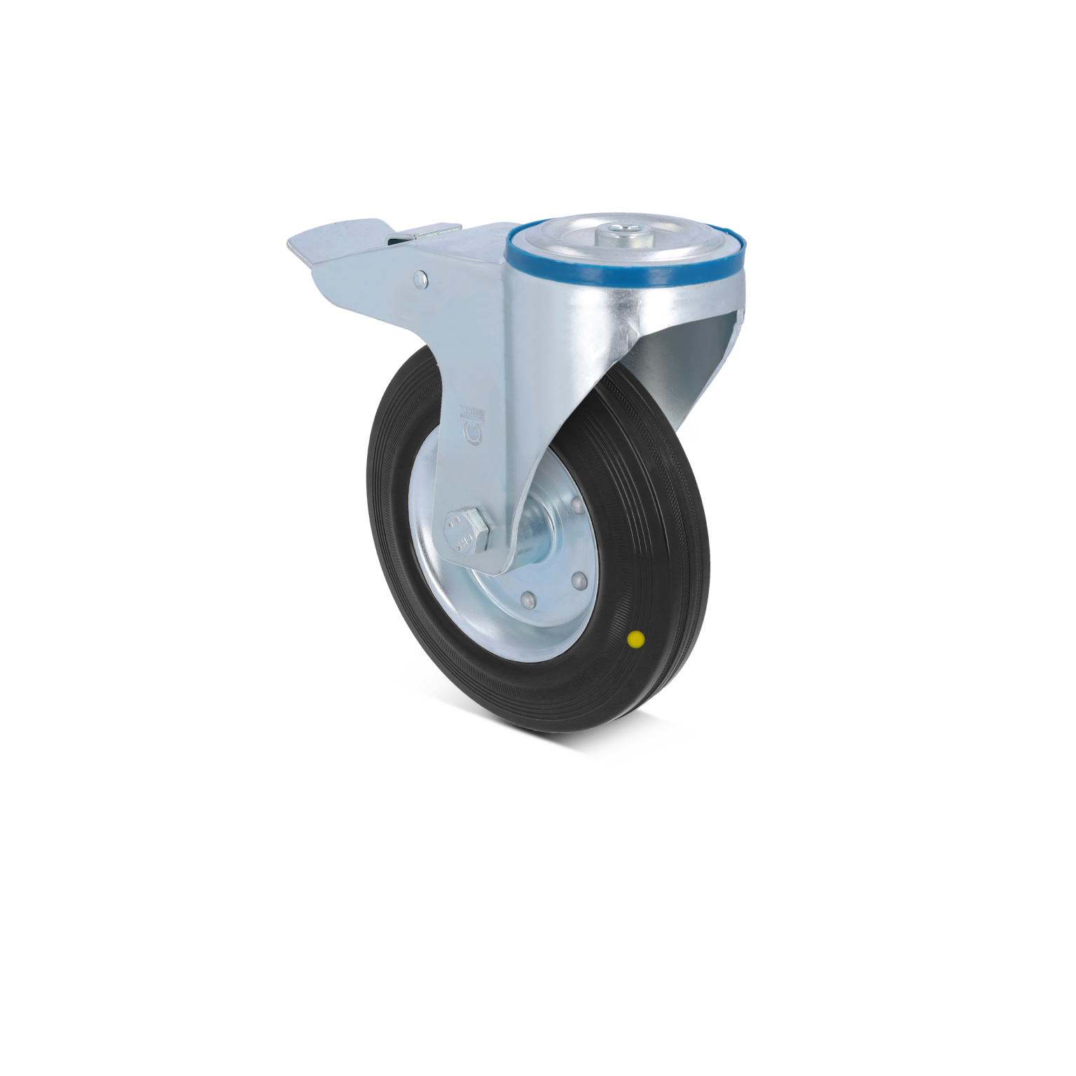 A heavy-duty swivel castor with a black rubber wheel. It features a metallic frame, a mounting plate, and a blue accent around the wheel hub, isolated against a light blue background.