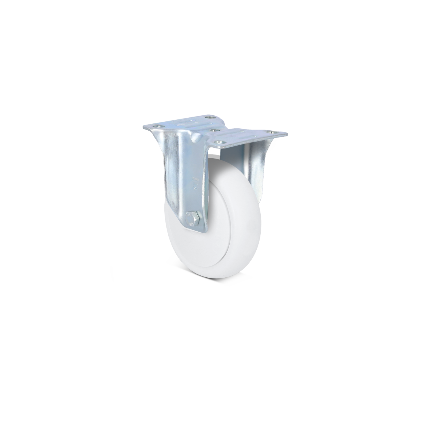 A white industrial wheel with a metal mounting plate is positioned upright. The wheel is smooth and round, emphasizing durability and functionality in material handling or intralogistics applications.