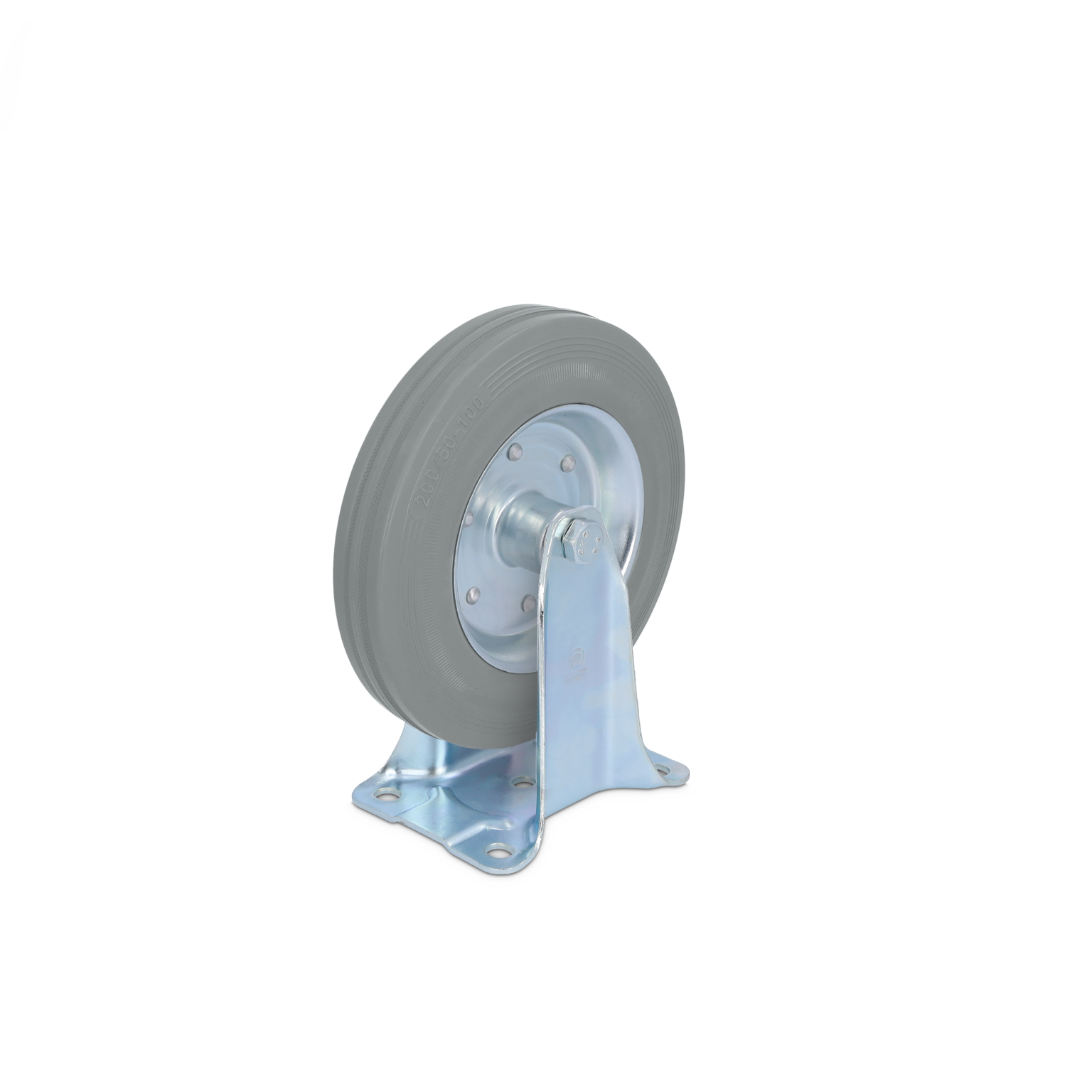 Rubber wheel mounted on a silver metal bracket, featuring a central hub with bolts. The bracket has four mounting holes and is positioned against a white background, emphasizing its industrial design.