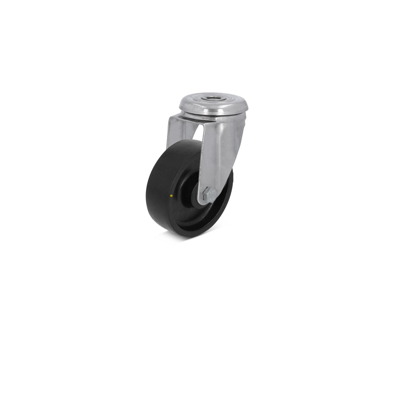A swivel castor wheel features a black rubber wheel attached to a metallic bracket. The bracket has a circular mounting plate at the top, suitable for attachment to various surfaces.
