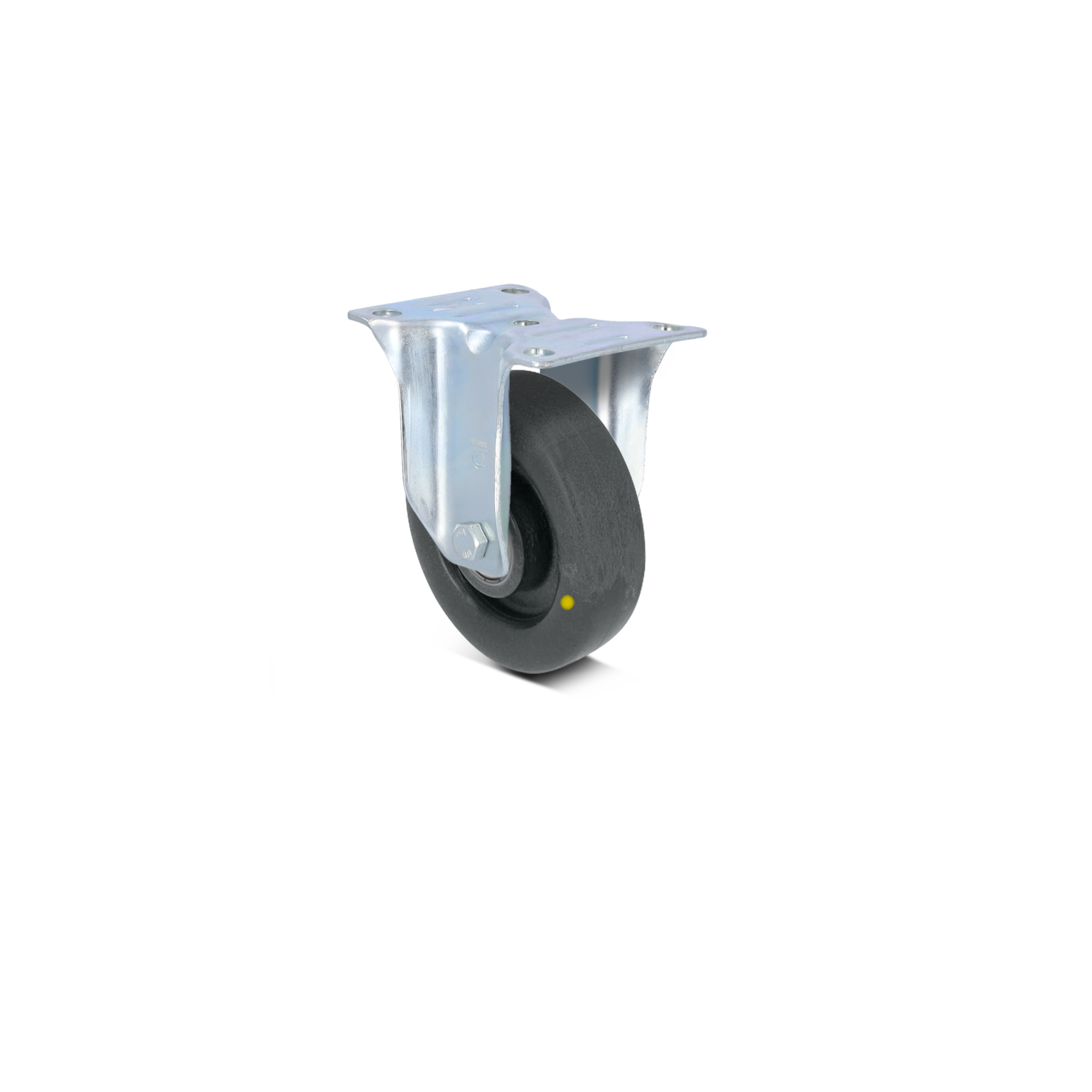 Zwart rubberen zwenkwiel met een metalen montagedeel. Het wiel heeft een gele stip en is ontworpen voor gebruik in industriële toepassingen. Achtergrond is neutraal en eenvoudig.