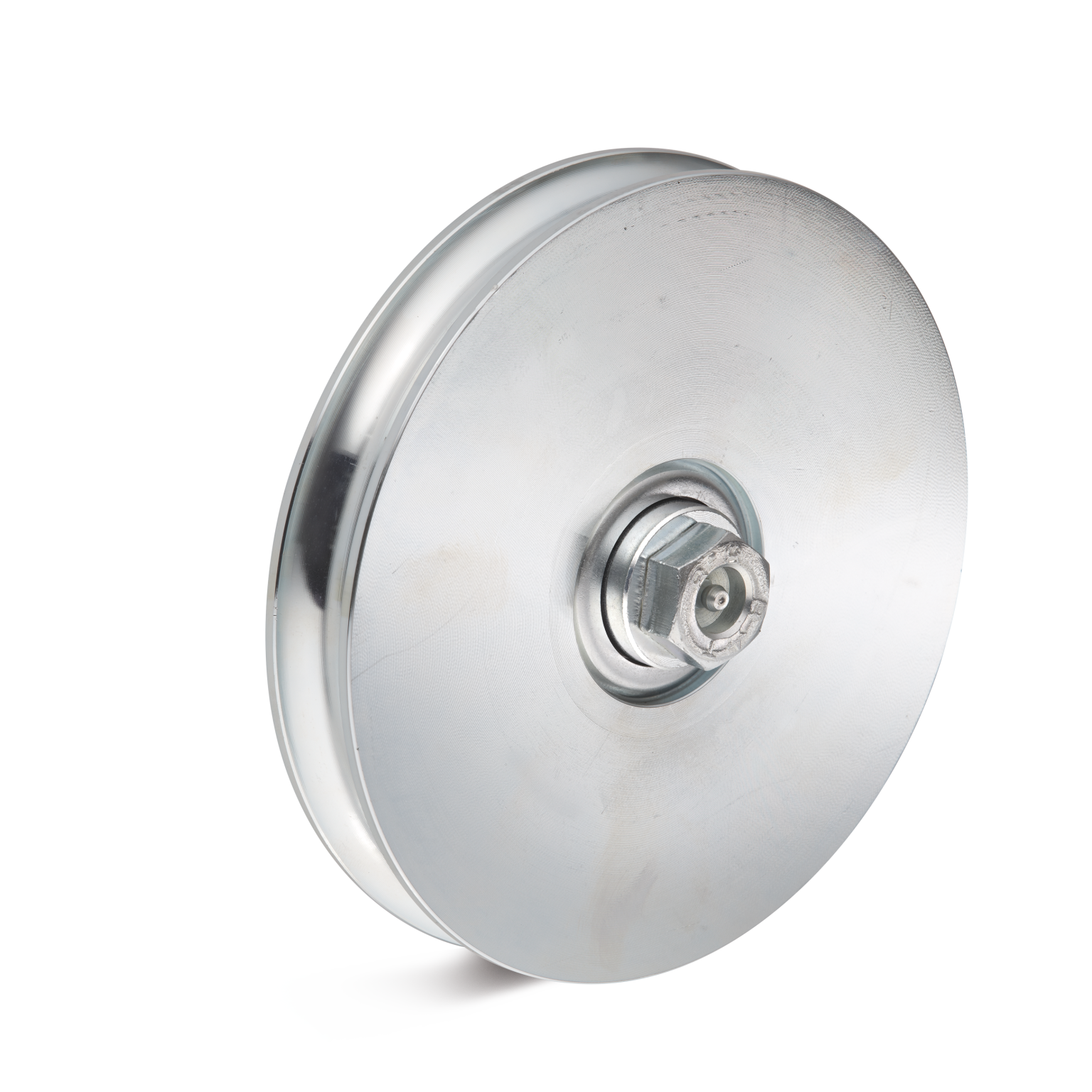 Metal wheel featuring a smooth, polished surface and a central mounting hub with a hexagonal fitting. Positioned on a simple background, it highlights its industrial design suitable for material handling applications.