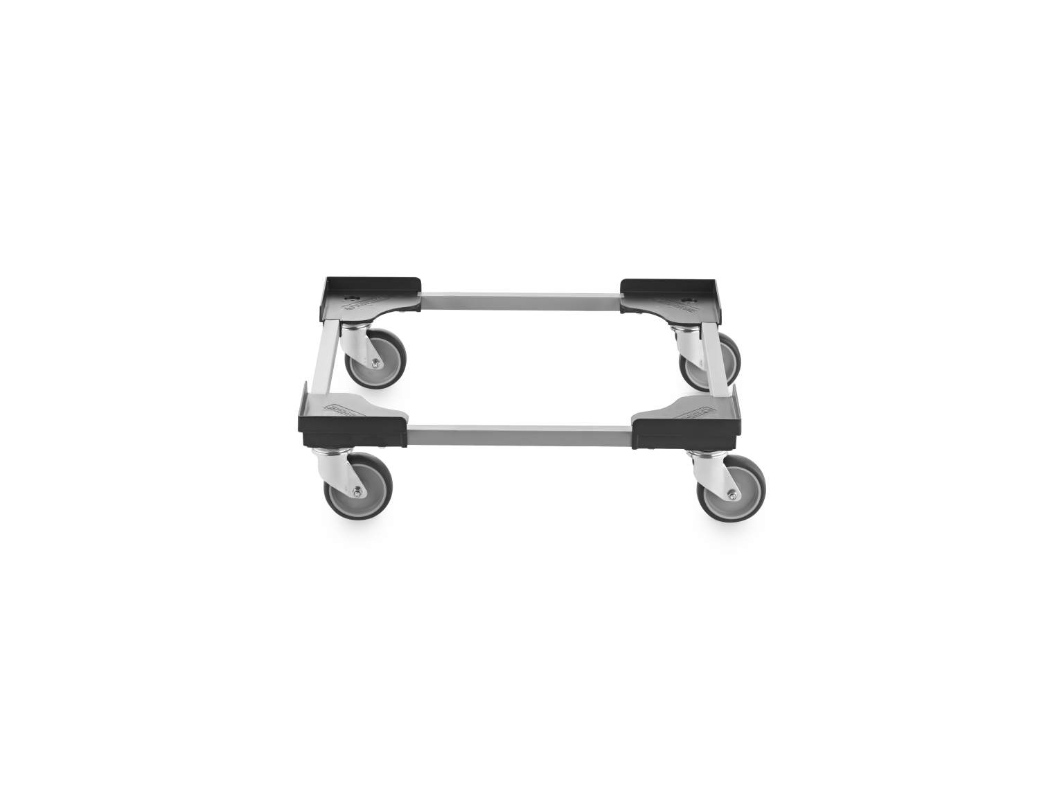 A transport trolley with four swivel wheels is displayed. The wheels are mounted on a rectangular frame featuring plastic corners. The overall design is sleek and industrial, suitable for material handling.